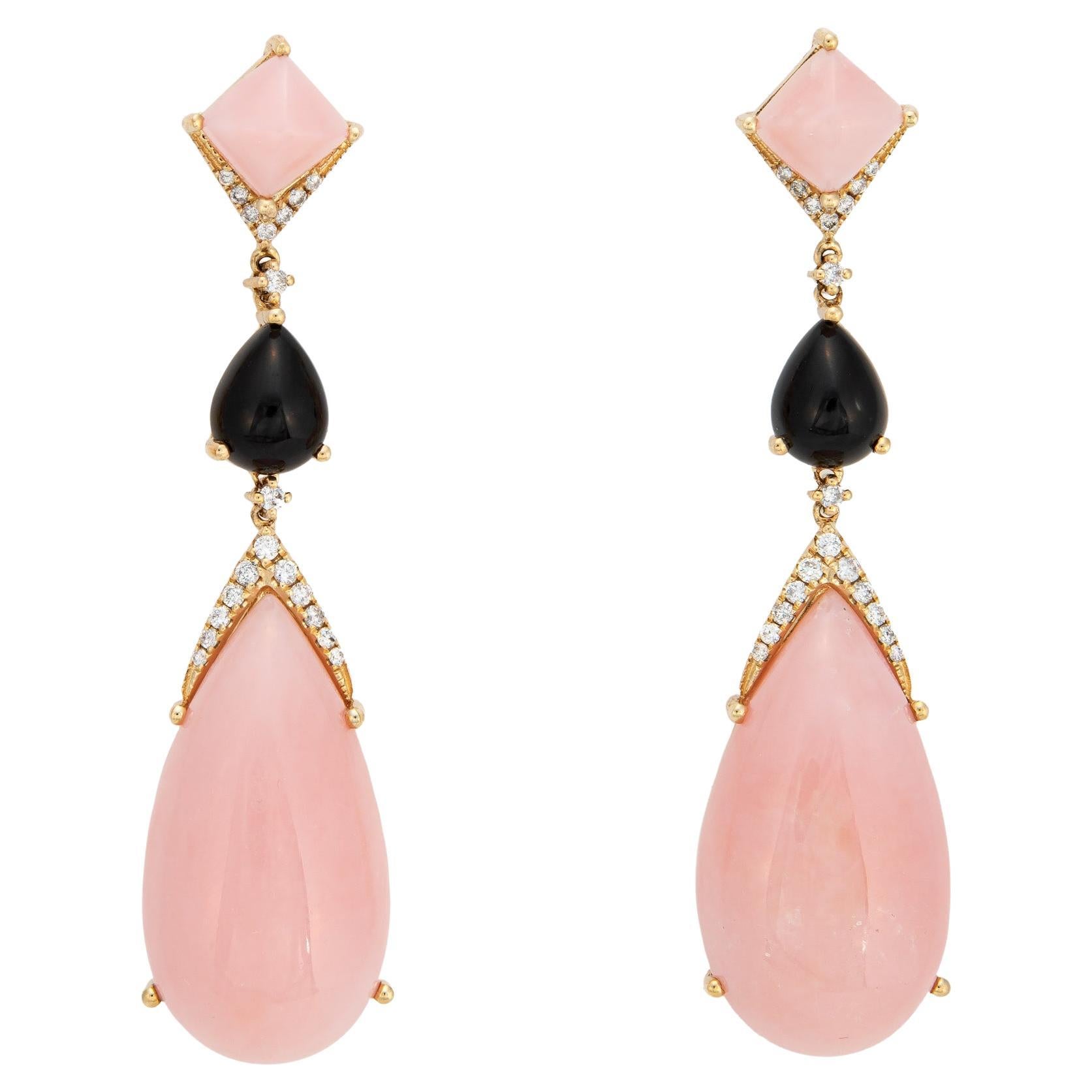 Pink Opal Onyx Diamond Earrings Long Drops 14k Yellow Gold Estate Jewelry