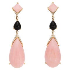 Pink Opal Onyx Diamond Earrings Long Drops 14k Yellow Gold Estate Jewelry