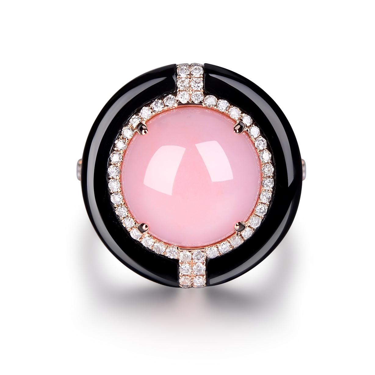 This ring featured 1 cabochon pink opal weight 5.09 carats. Pink opal is surrounded by a diamond halo. Onyx are handcrafted to fit into the mounting. Earrings are set in 14 karat rose gold. Matching ring is available, please visit our storefront or