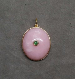 Pink Opal Oval Shape Cabochon 14k Yellow Gold Bezel Emerald Round Cab Pendant
