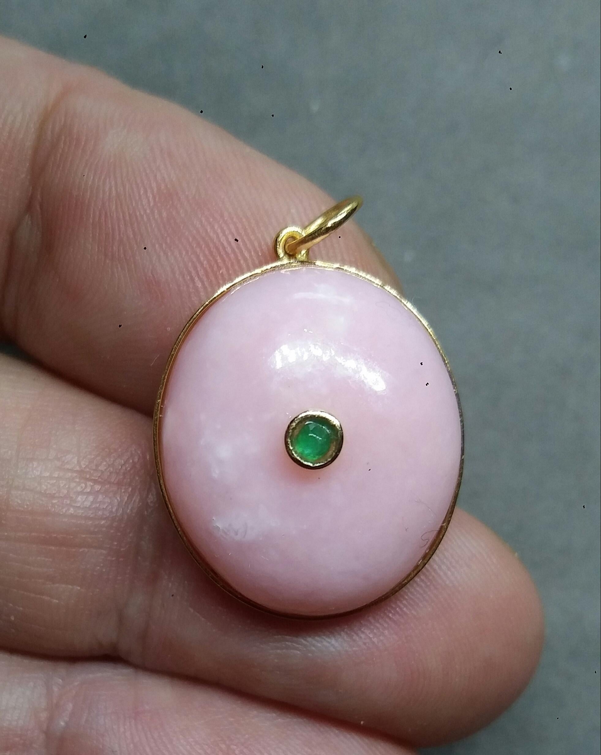 Artisan Pink Opal Oval Shape Cabochon 14k Yellow Gold Bezel Emerald Round Cab Pendant For Sale