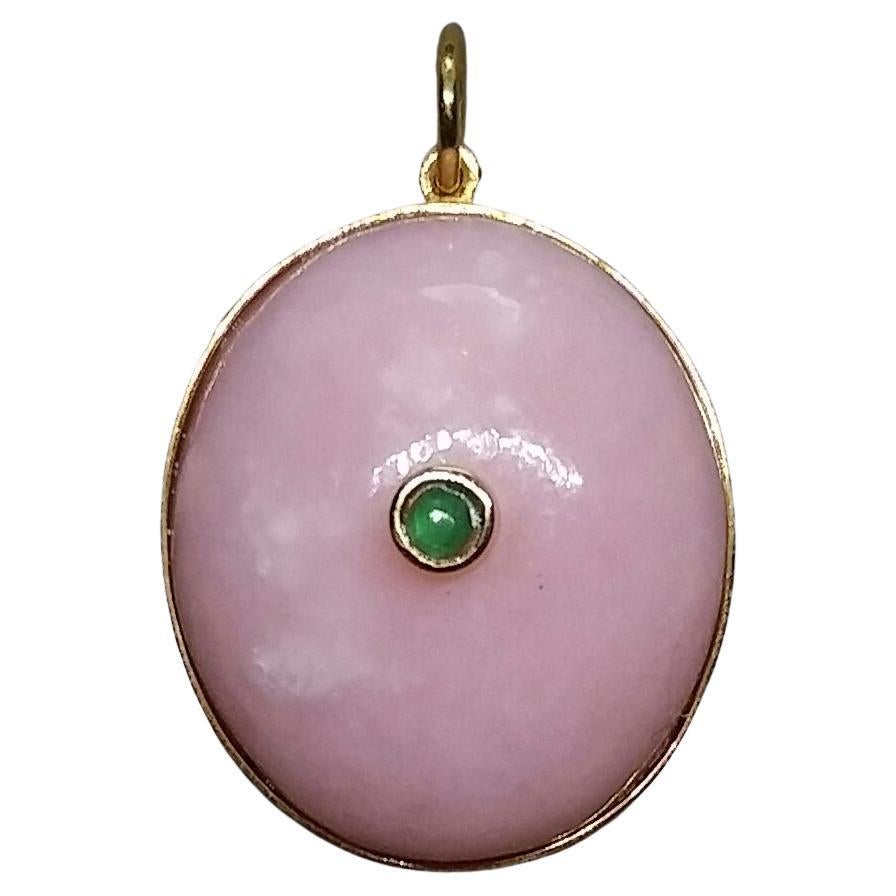 Pink Opal Oval Shape Cabochon 14k Yellow Gold Bezel Emerald Round Cab Pendant For Sale