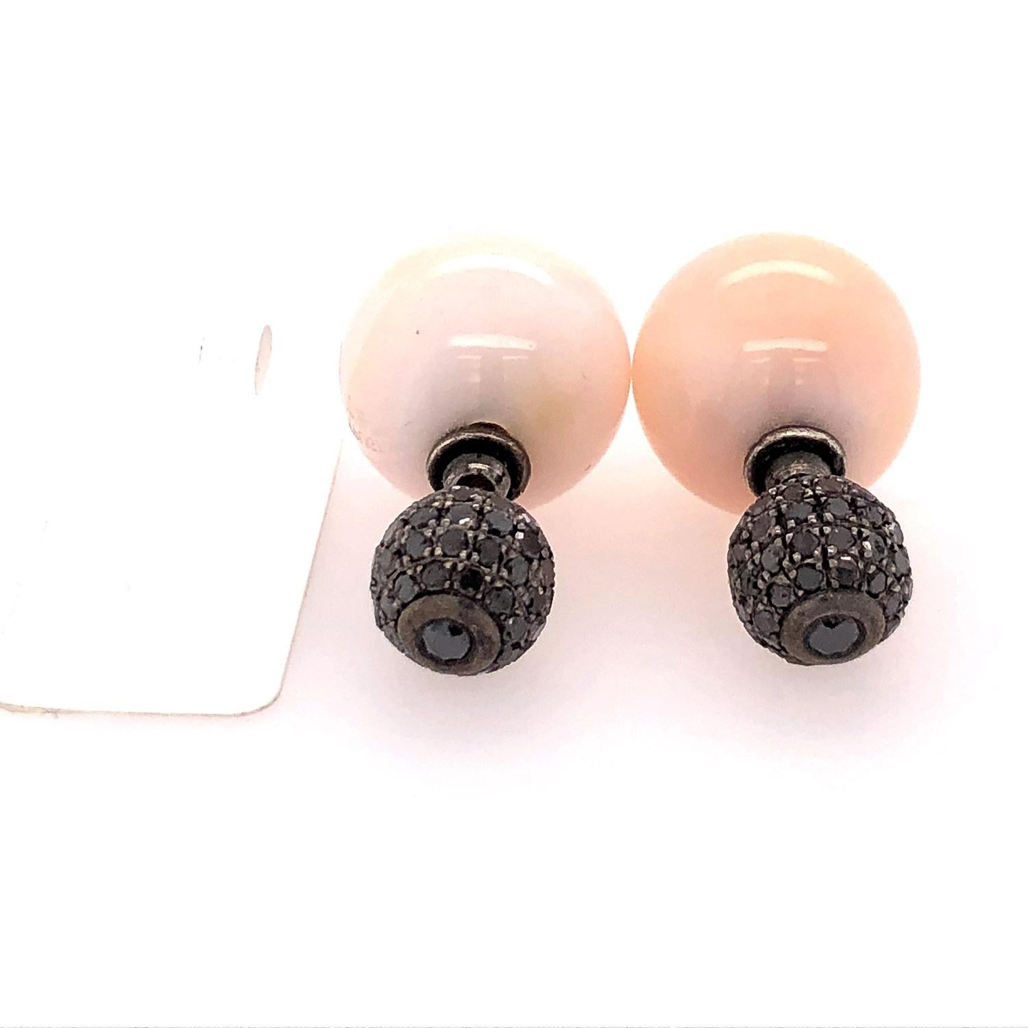 Artisan Pink Opal & Pave Diamond Ball Tunnel Earring Made in 14k Gold & Silver For Sale