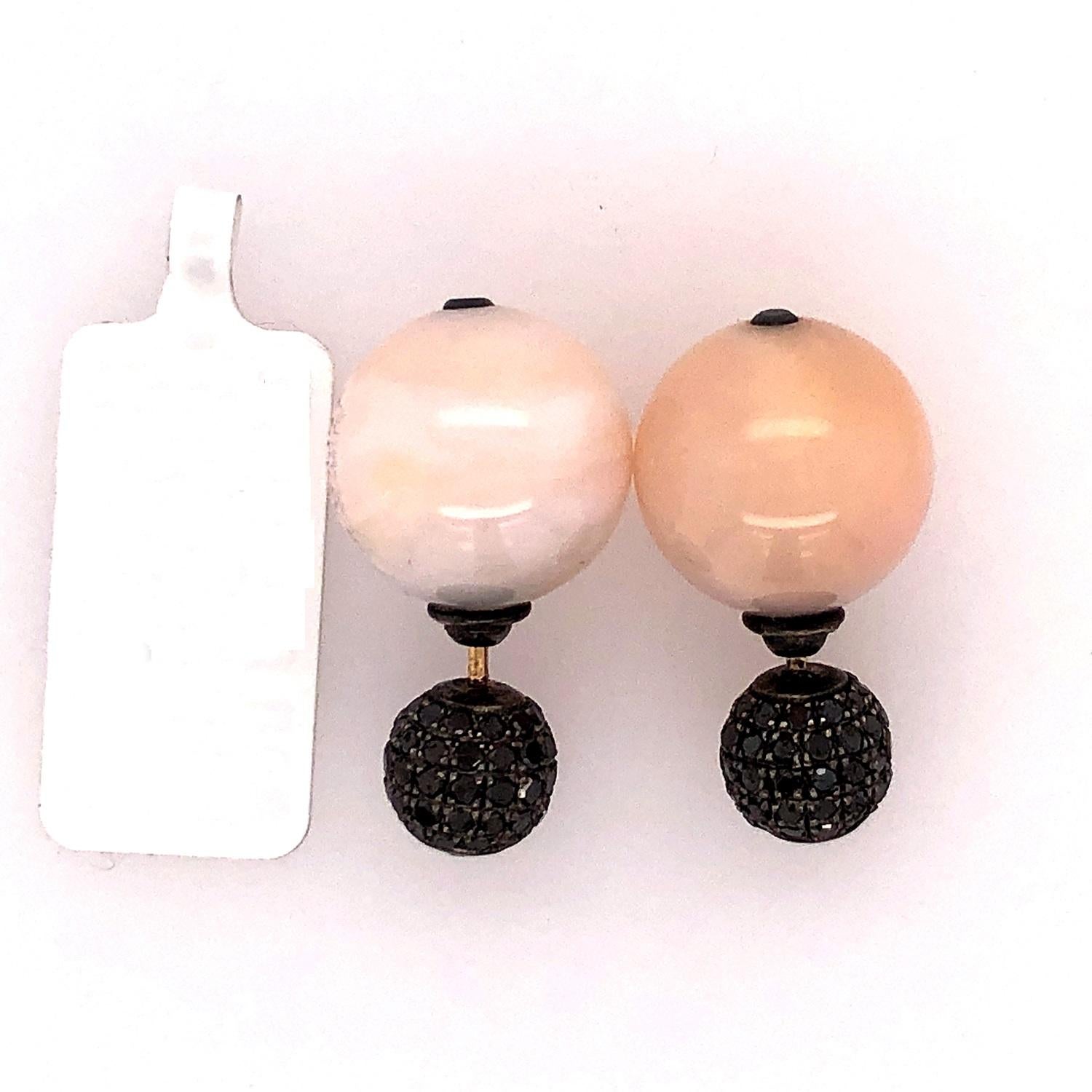 Mixed Cut Pink Opal & Pave Diamond Ball Tunnel Earring Made in 14k Gold & Silver For Sale