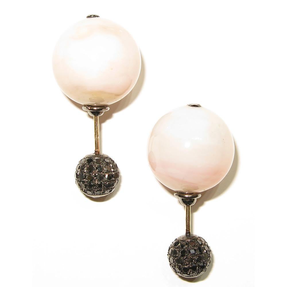 Pink Opal & Pave Diamond Ball Tunnel Earring Made in 14k Gold & Silver In New Condition For Sale In New York, NY