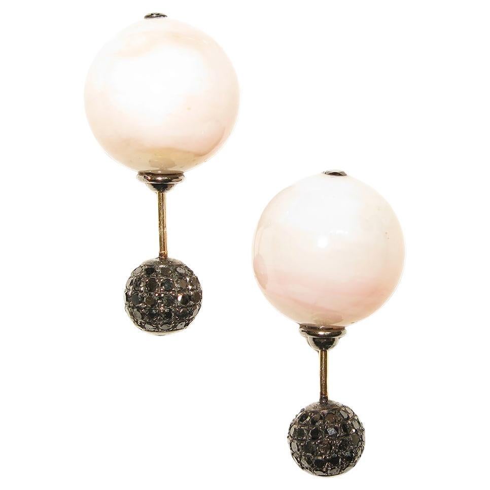 Pink Opal & Pave Diamond Ball Tunnel Earring Made in 14k Gold & Silver For Sale