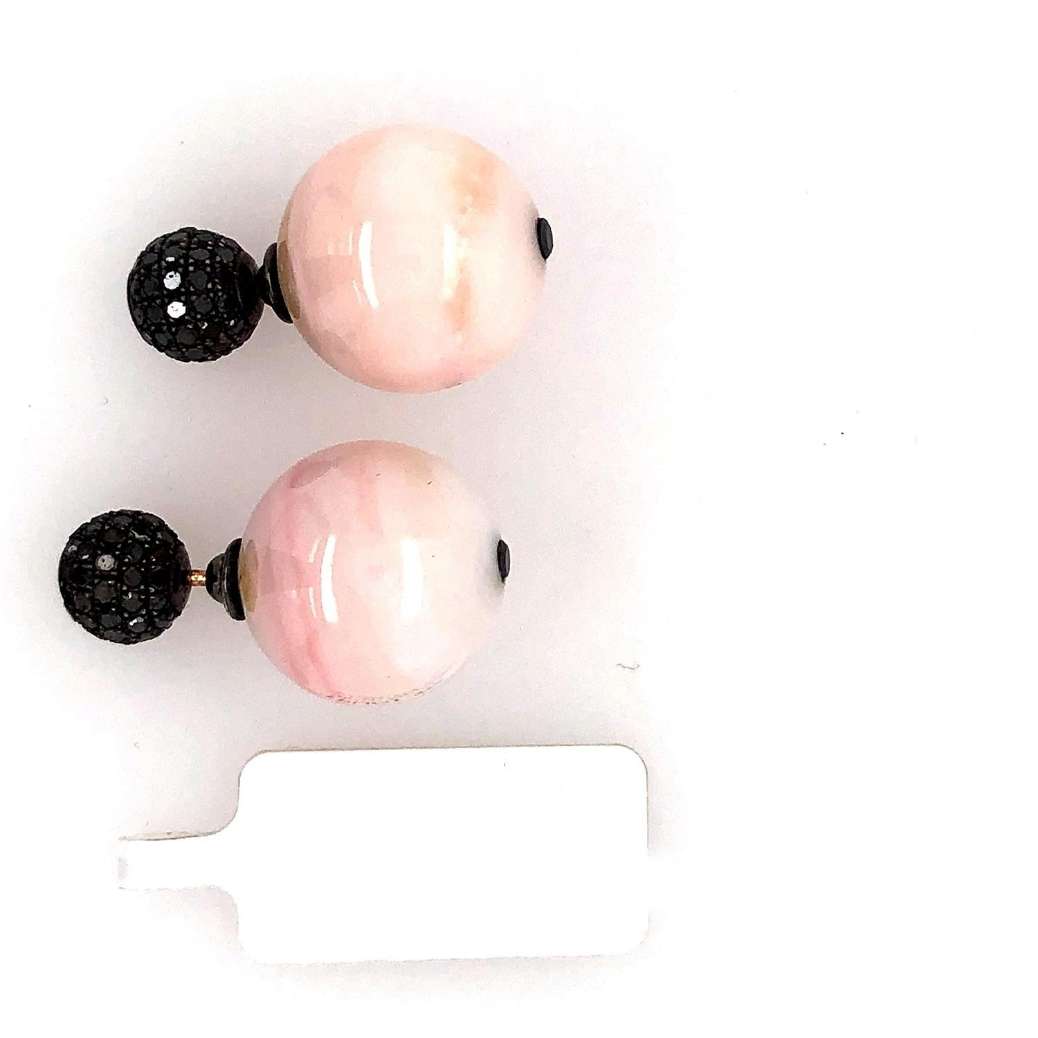 Artisan Pink Opal & Pave Diamond Ball Tunnel Earring Made In Gold & Silver For Sale