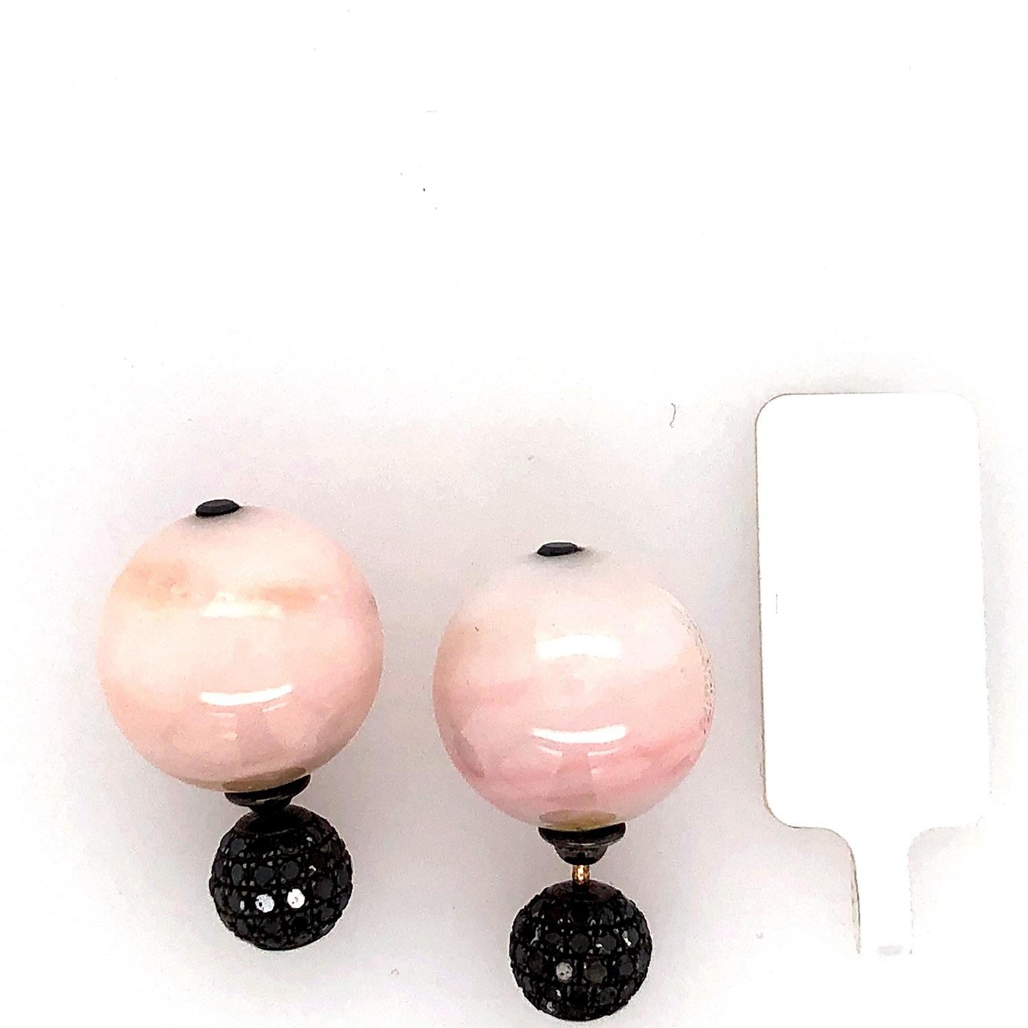 Mixed Cut Pink Opal & Pave Diamond Ball Tunnel Earring Made In Gold & Silver For Sale