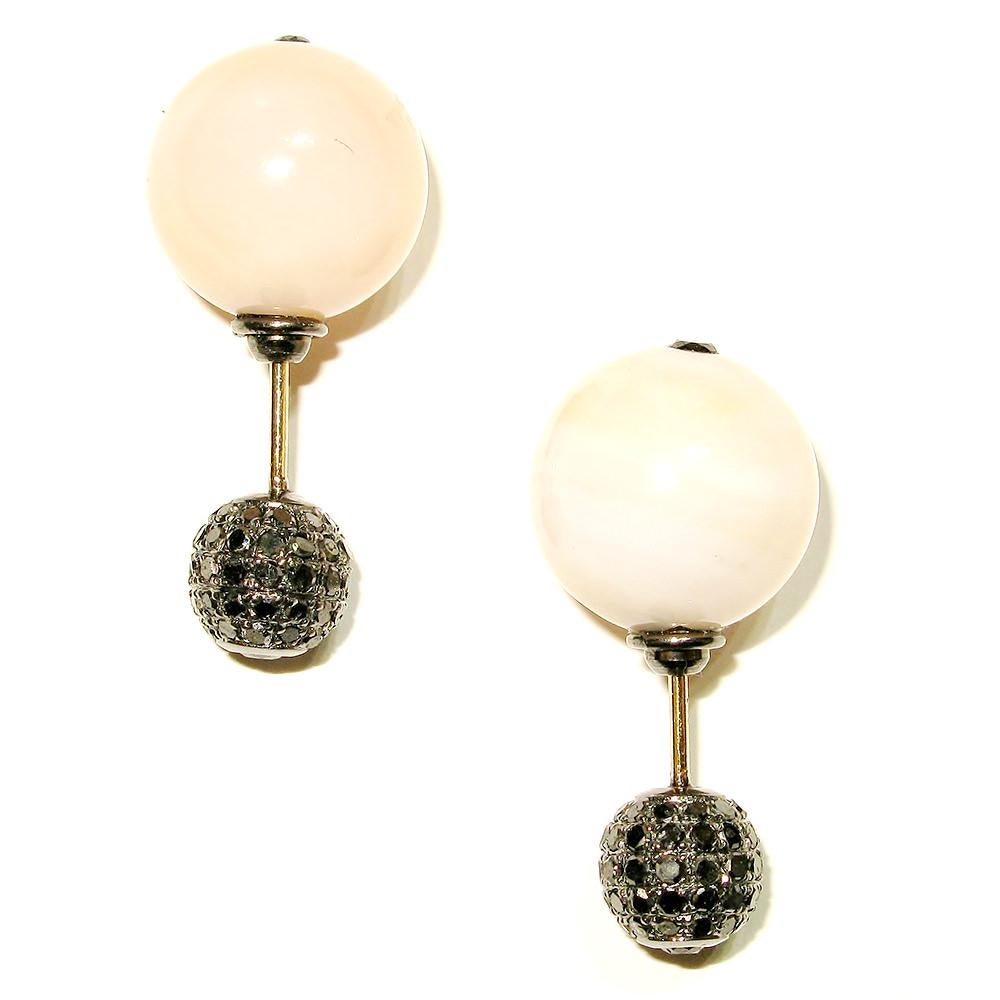 Pink Opal & Pave Diamond Ball Tunnel Earring Made In Gold & Silver In New Condition For Sale In New York, NY