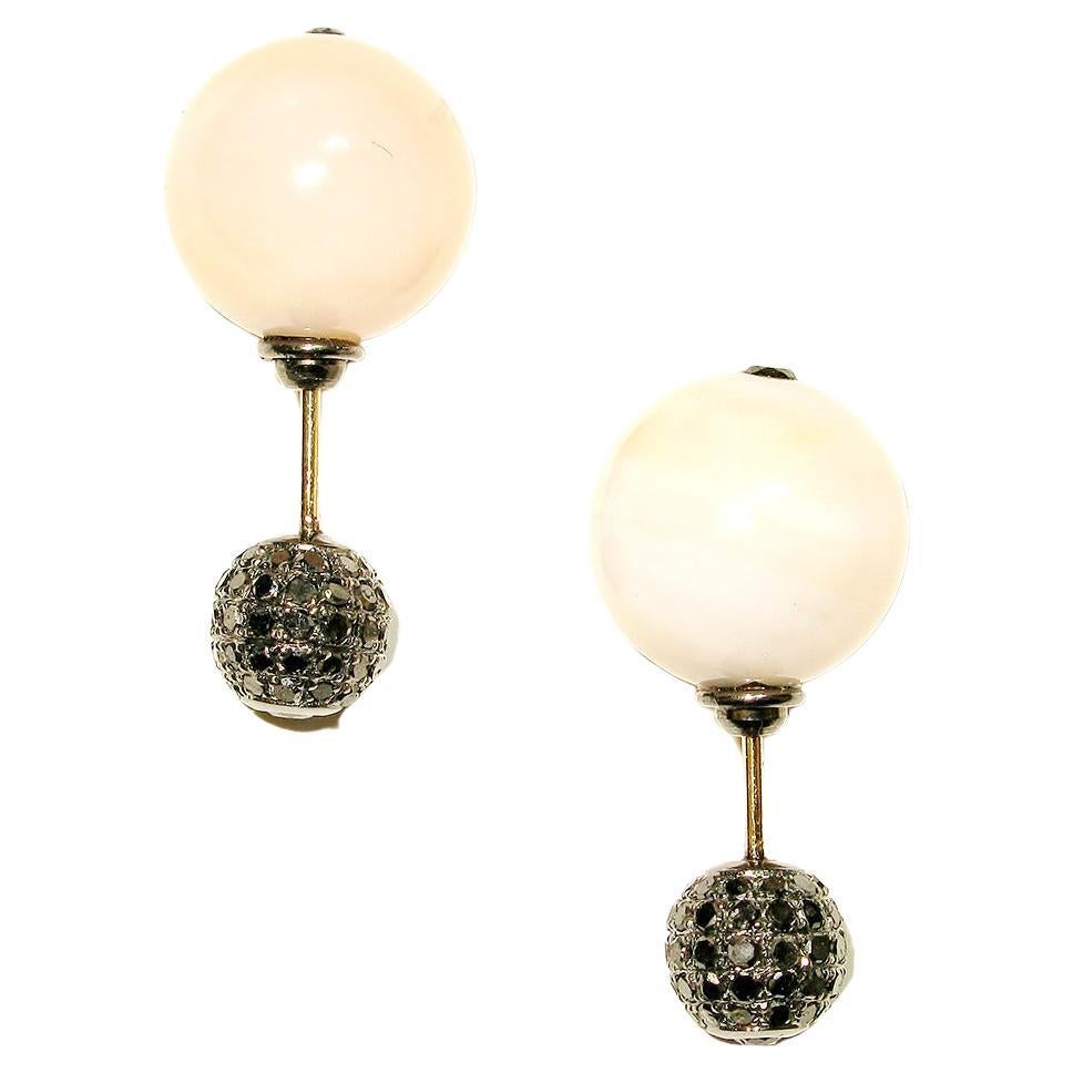 Pink Opal & Pave Diamond Ball Tunnel Earring Made In Gold & Silver
