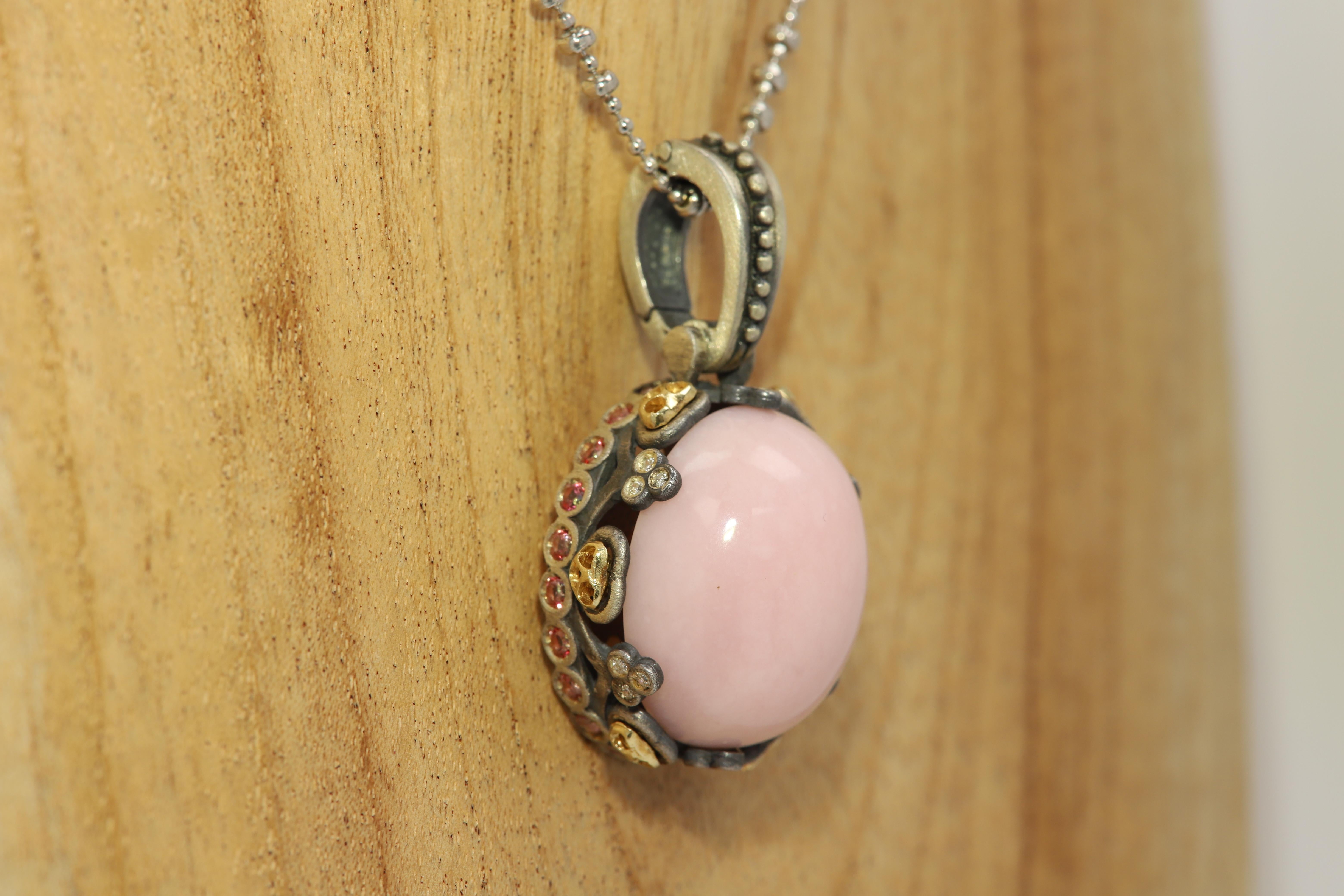 Oval Cut Pink Opal Pendant in Sterling Silver and 18 Karat Gold with Pink Tourmaline For Sale