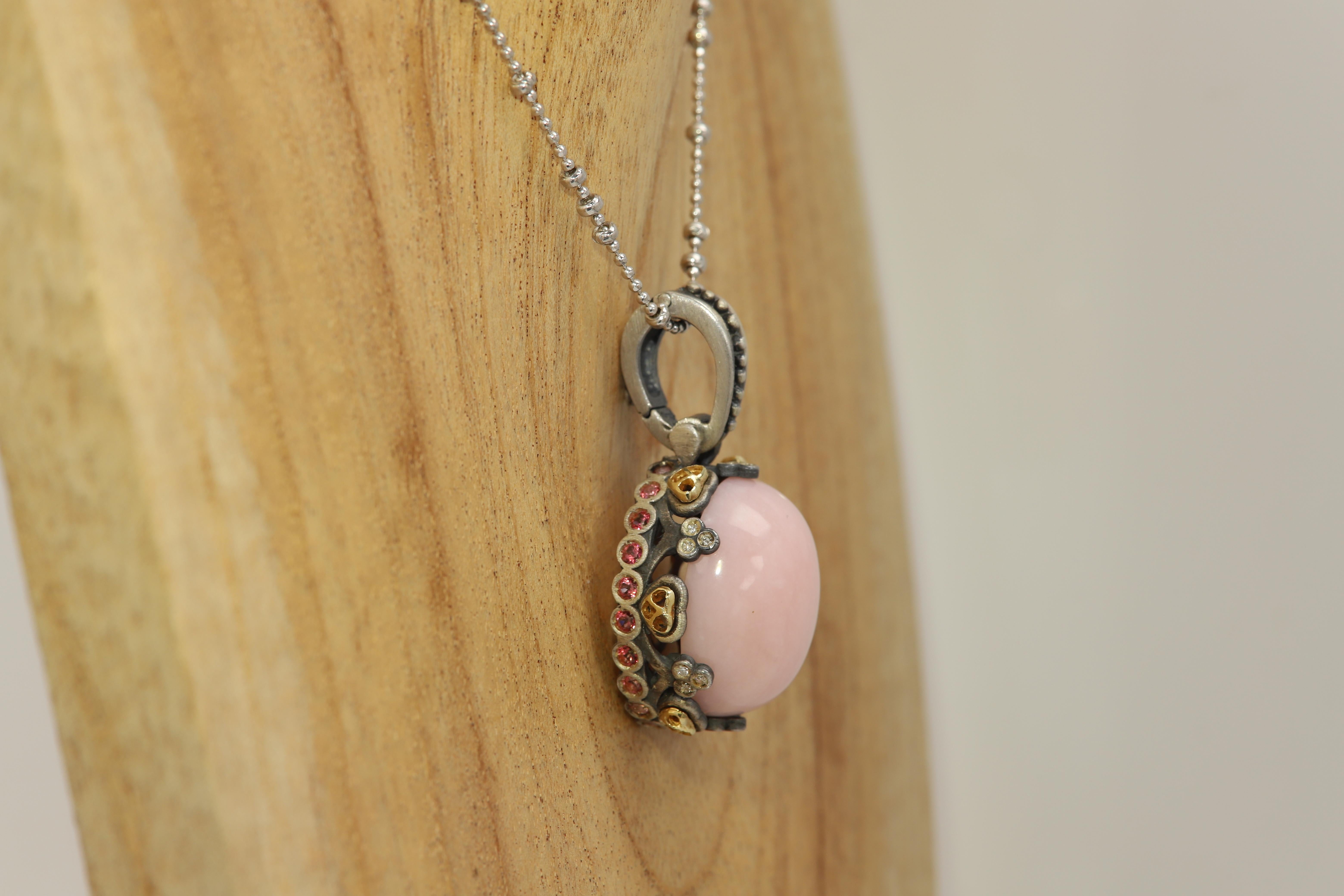 Pink Opal Pendant in Sterling Silver and 18 Karat Gold with Pink Tourmaline In New Condition For Sale In Brooklyn, NY