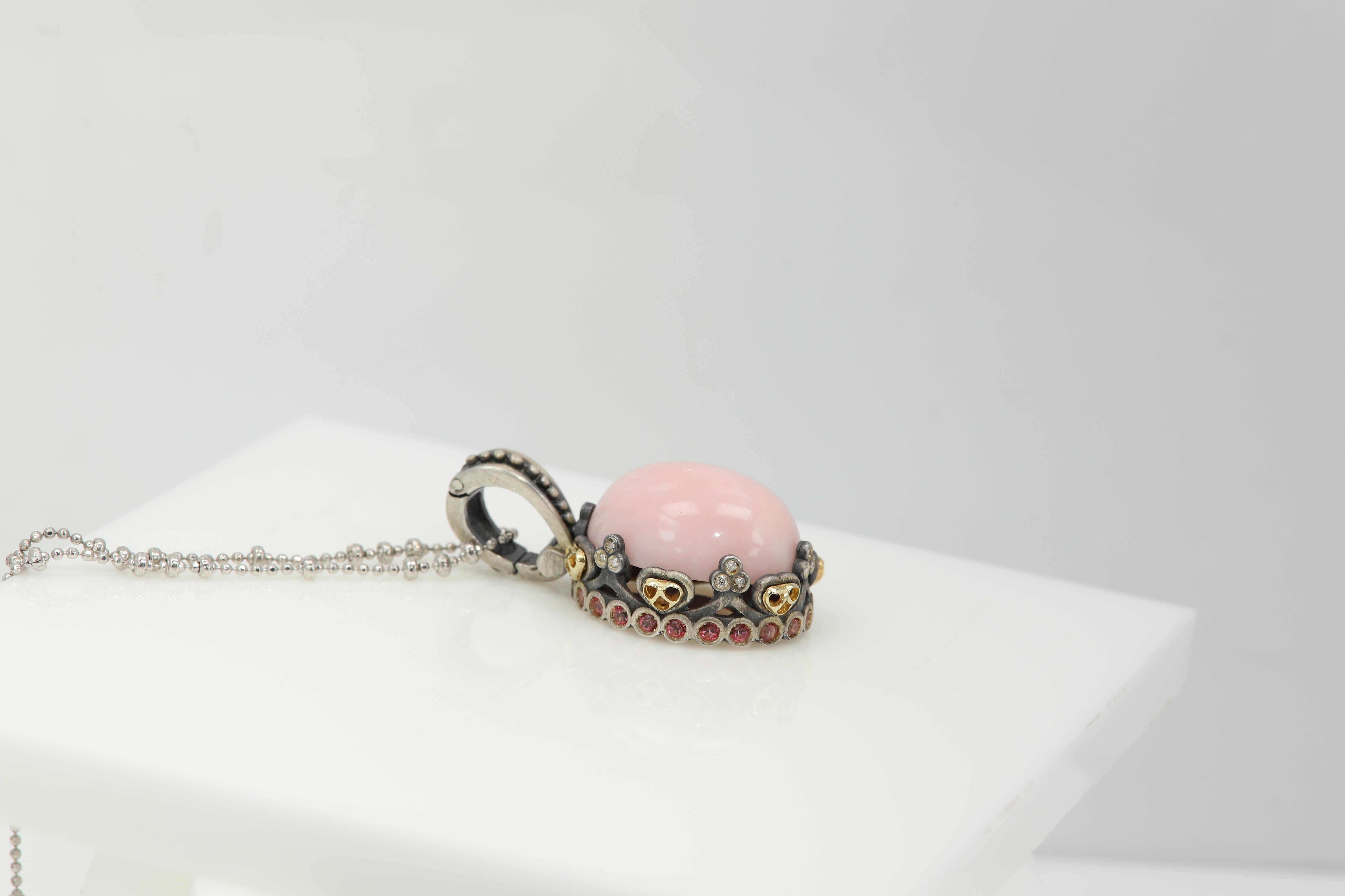 Women's Pink Opal Pendant in Sterling Silver and 18 Karat Gold with Pink Tourmaline For Sale