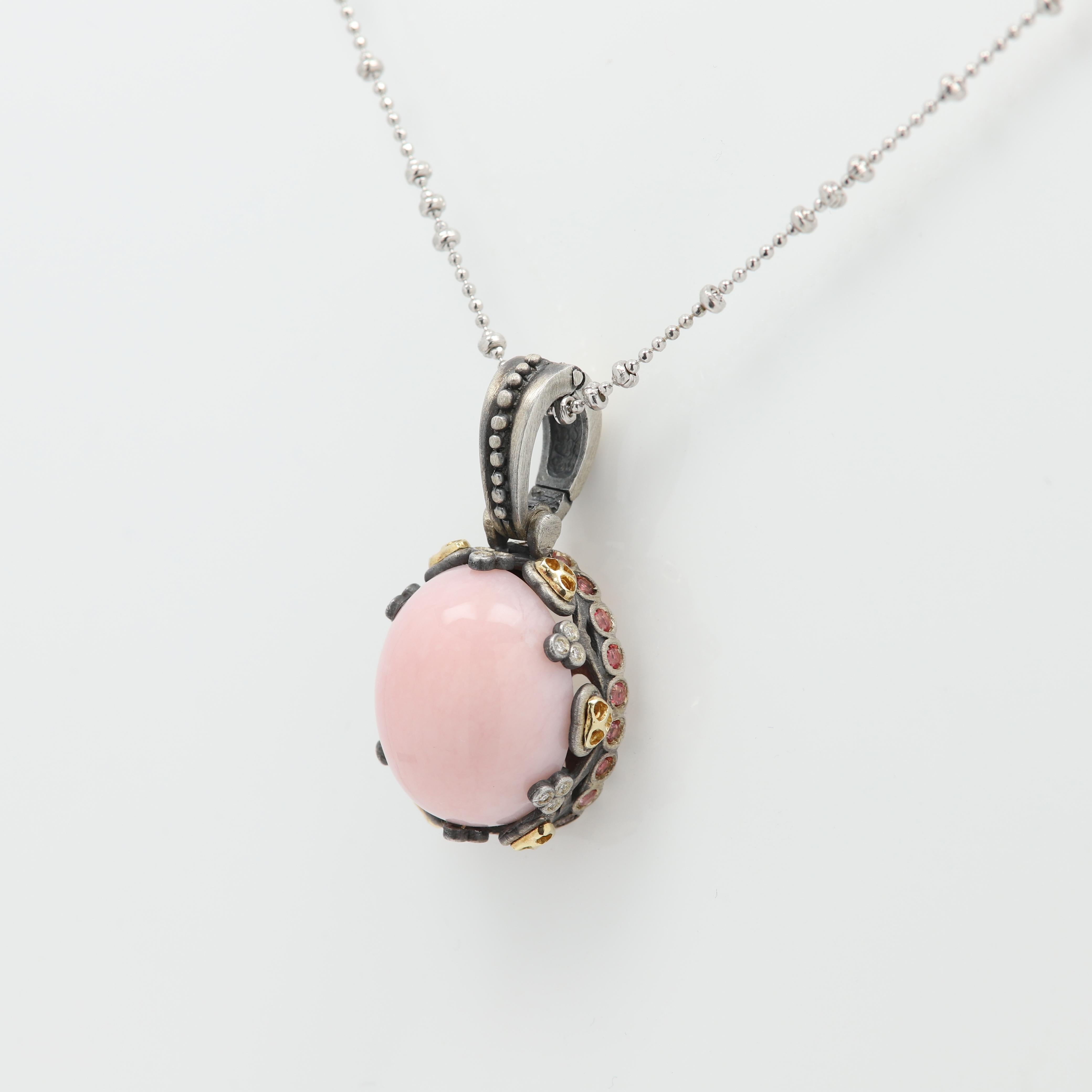 Pink Opal Pendant in Sterling Silver and 18 Karat Gold with Pink Tourmaline For Sale 1