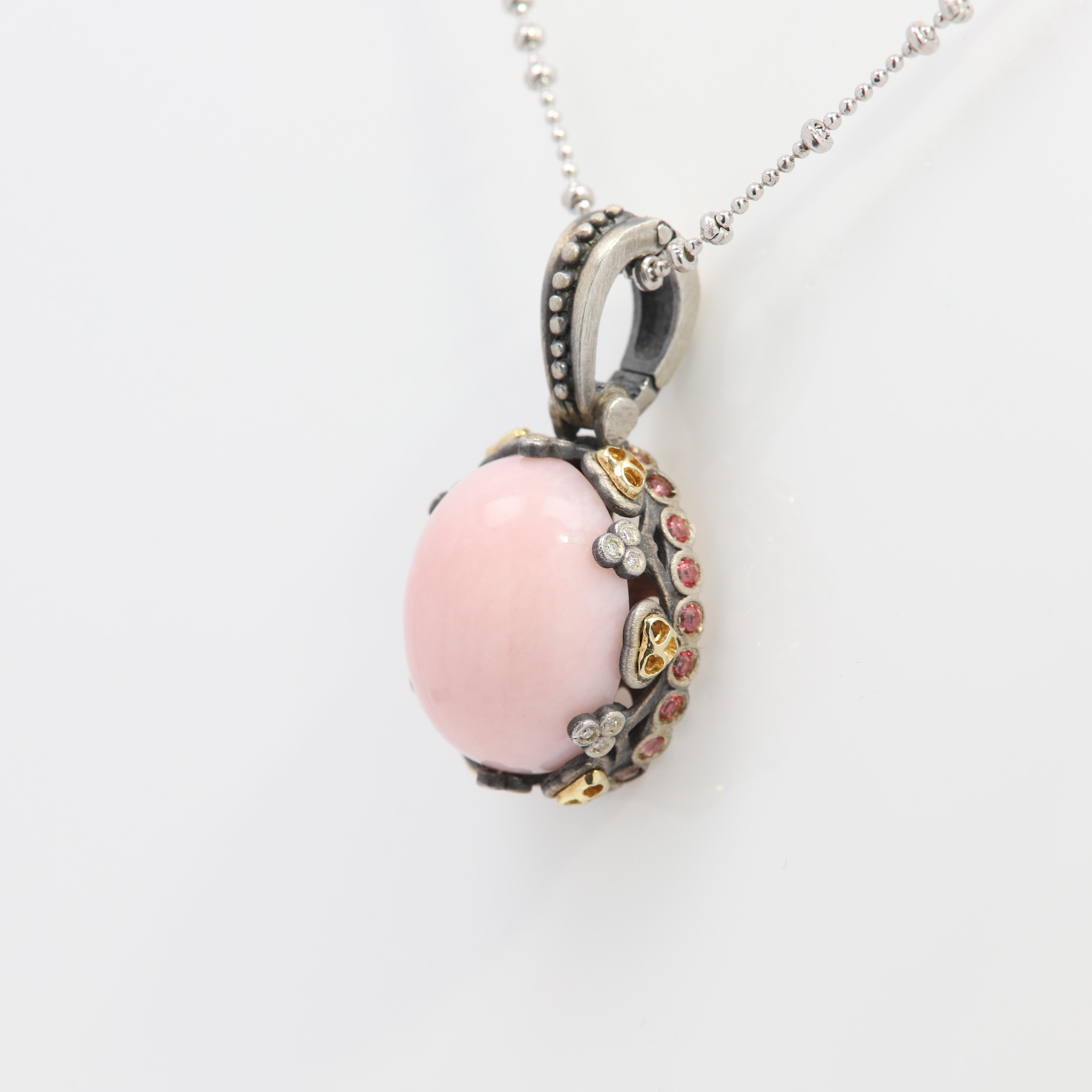 Pink Opal Pendant in Sterling Silver and 18 Karat Gold with Pink Tourmaline For Sale 2