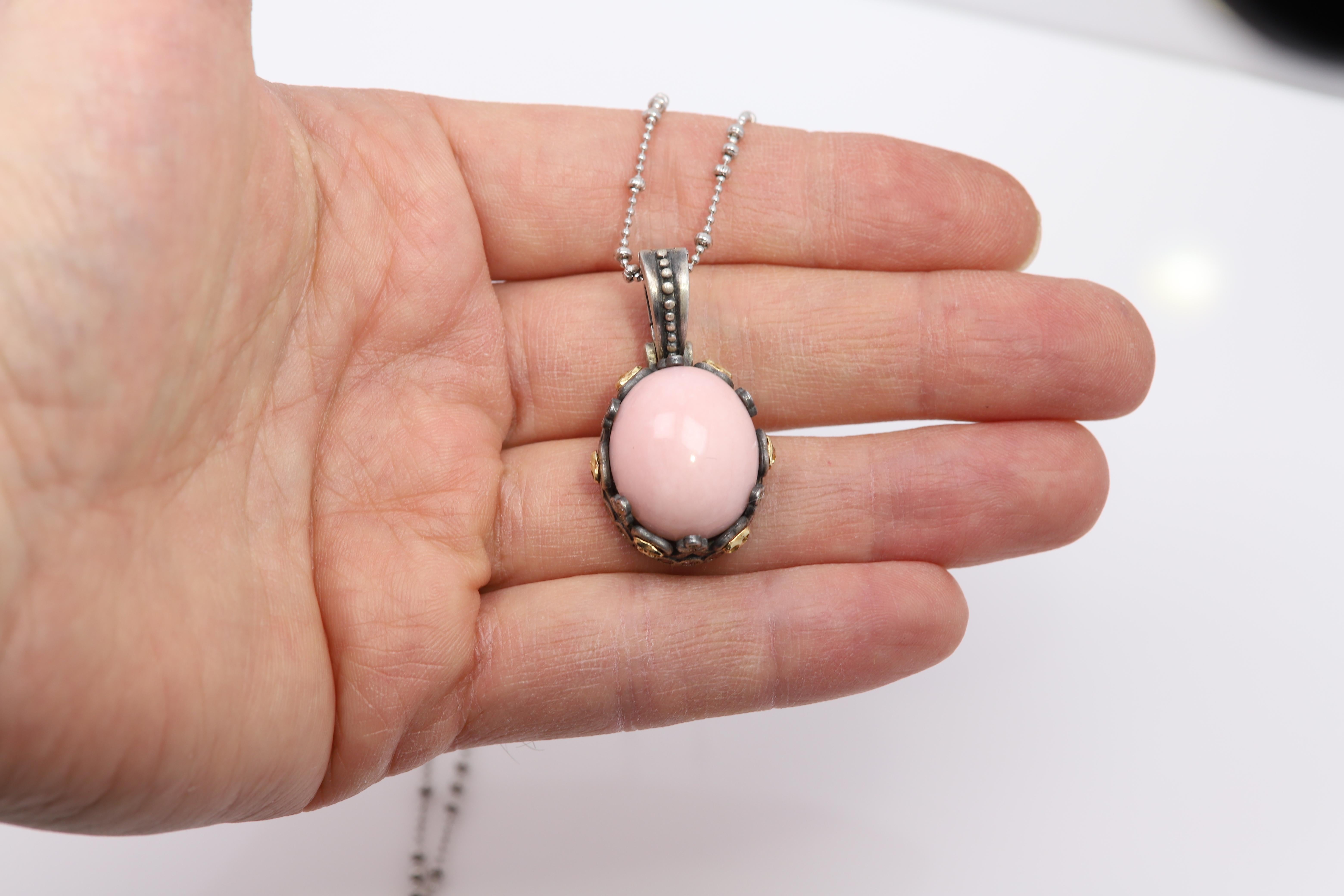 Pink Opal Pendant in Sterling Silver and 18 Karat Gold with Pink Tourmaline For Sale 3