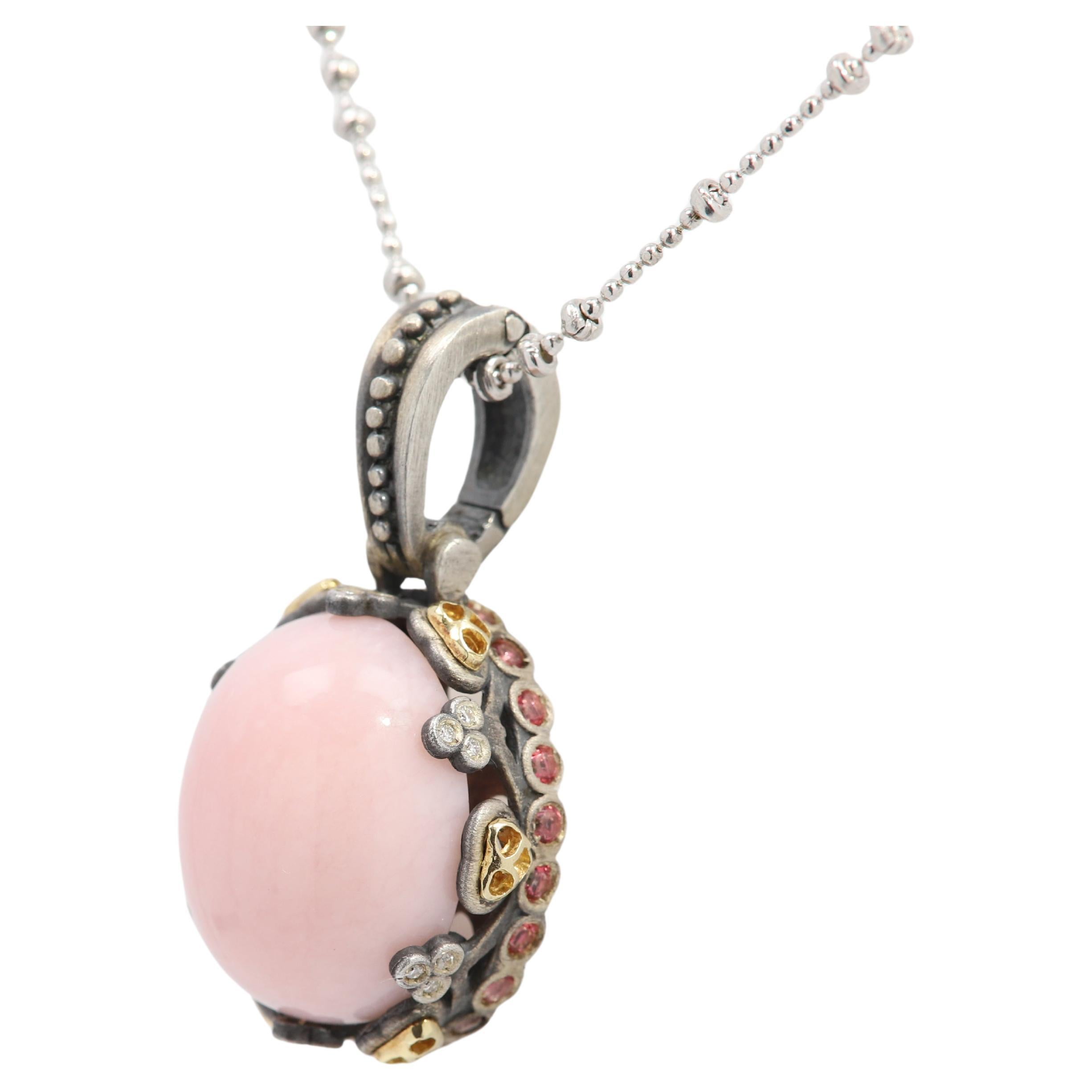 Pink Opal Pendant in Sterling Silver and 18 Karat Gold with Pink Tourmaline For Sale