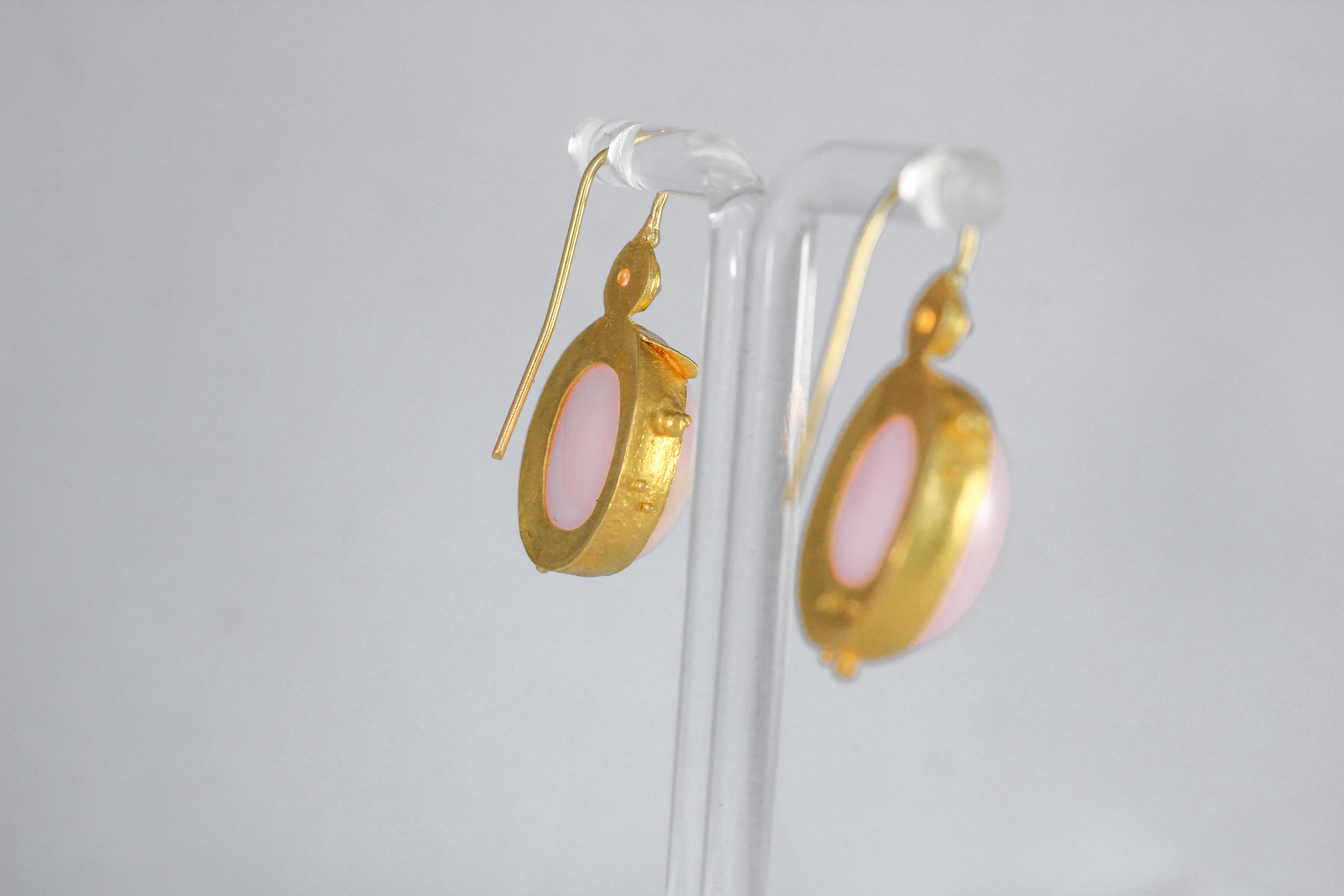 Pink Opal Pink Sapphire 22 Karat Gold Handcrafted Drop Contemporary Earrings For Sale 2