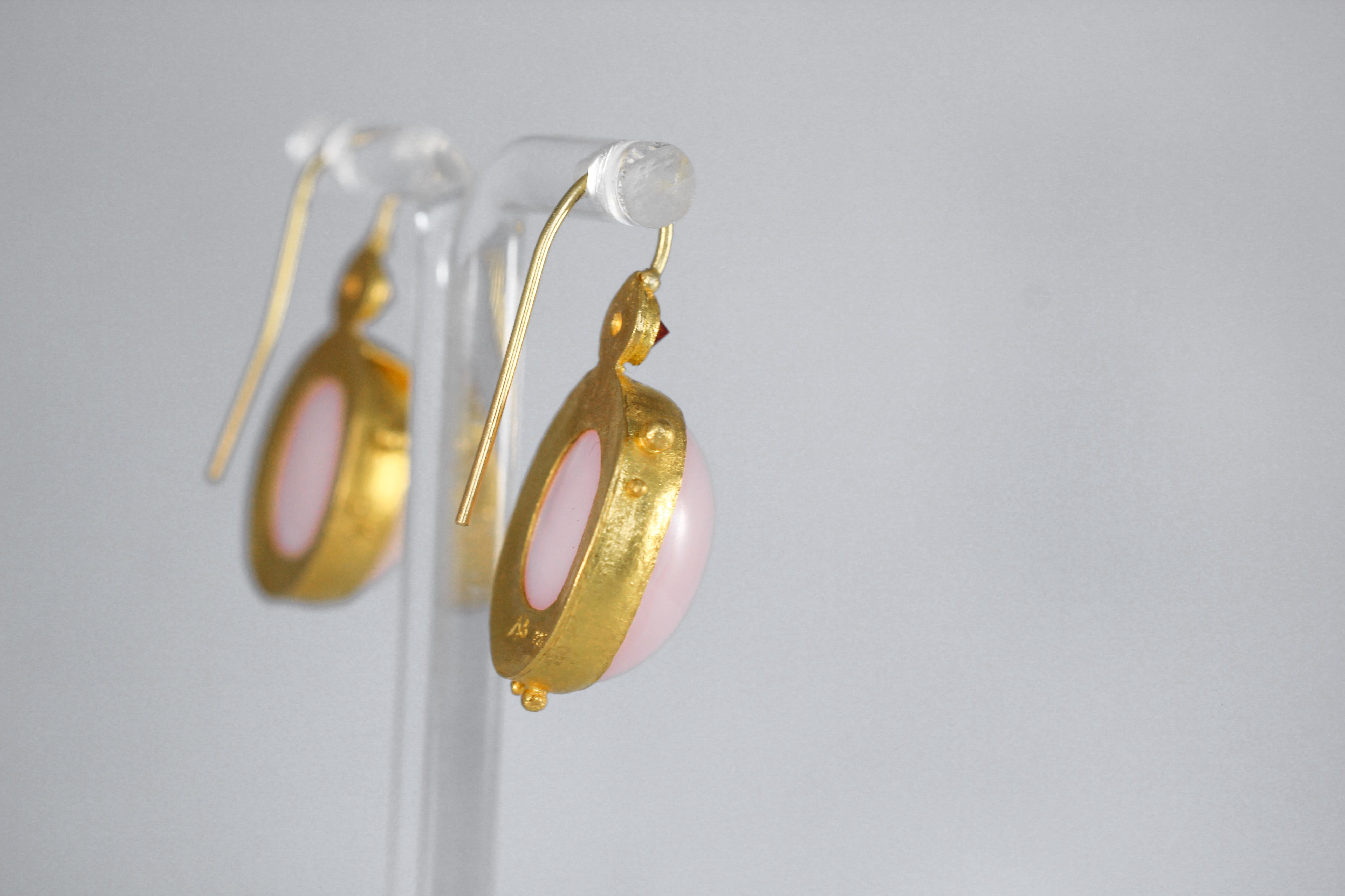 Pink Opal Pink Sapphire 22 Karat Gold Handcrafted Drop Contemporary Earrings For Sale 3