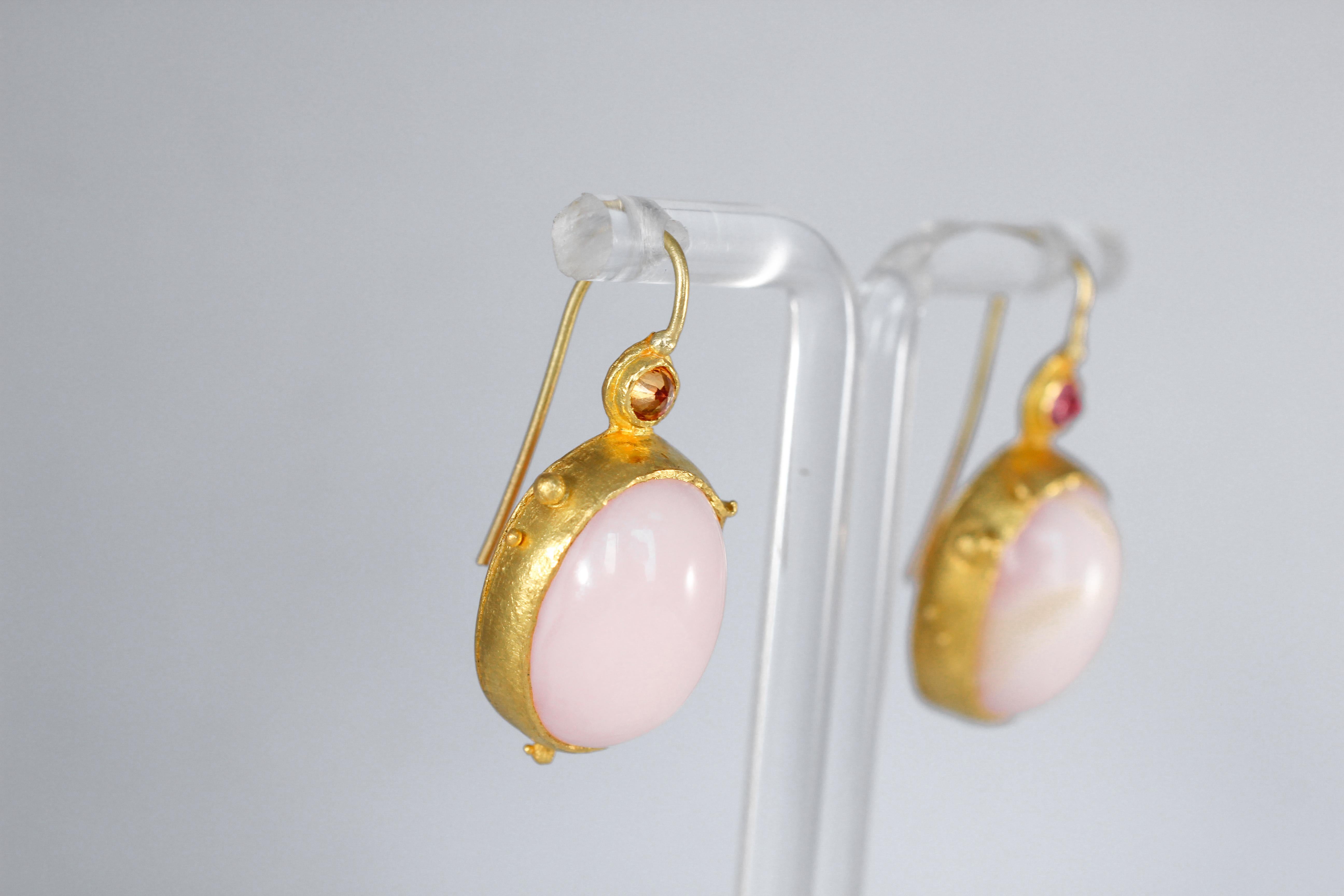 Pink Opal Pink Sapphire 22 Karat Gold Handcrafted Drop Contemporary Earrings For Sale 4