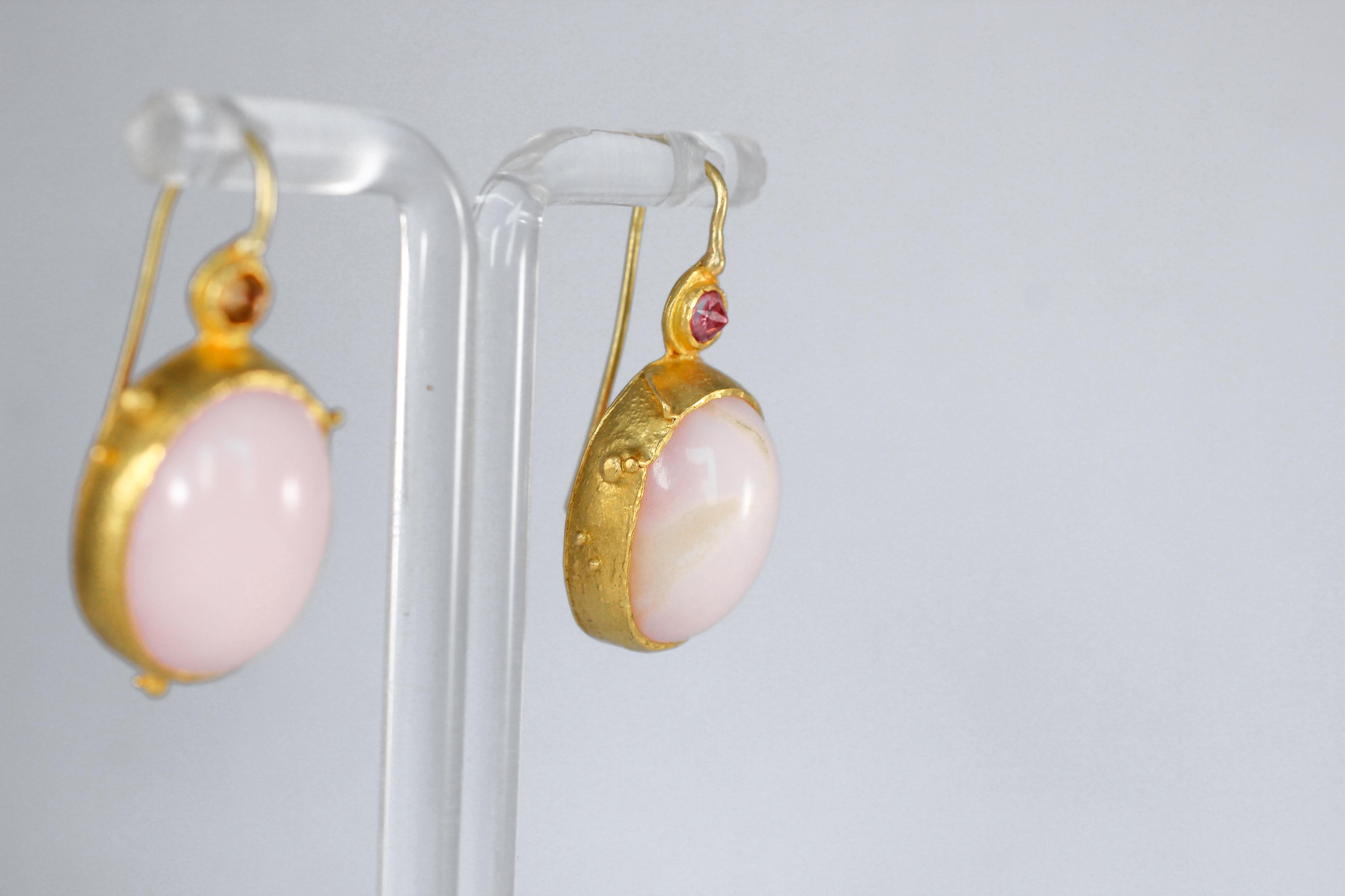 Pink Opal Pink Sapphire 22 Karat Gold Handcrafted Drop Contemporary Earrings For Sale 5