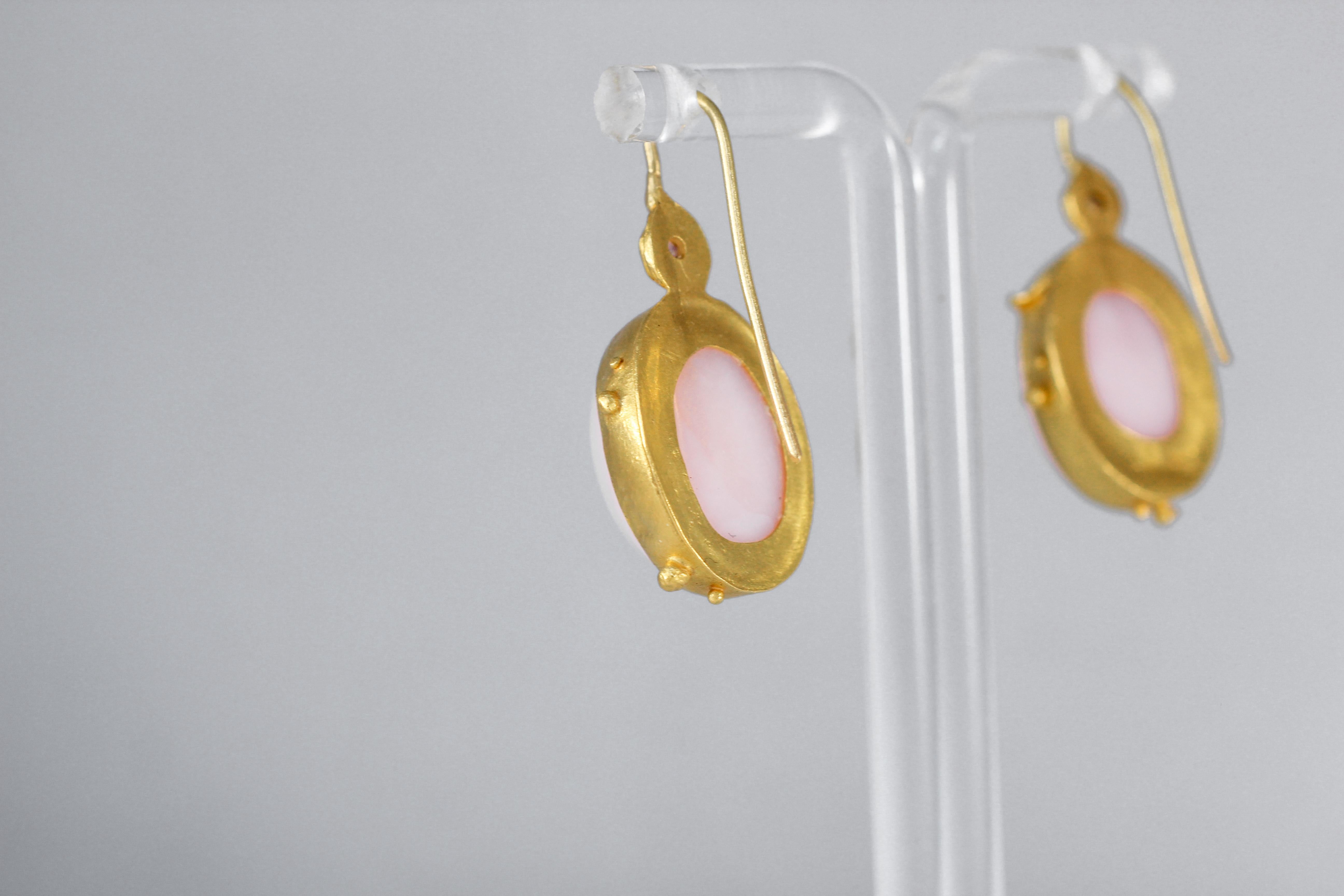 Oval Cut Pink Opal Pink Sapphire 22 Karat Gold Handcrafted Drop Contemporary Earrings For Sale