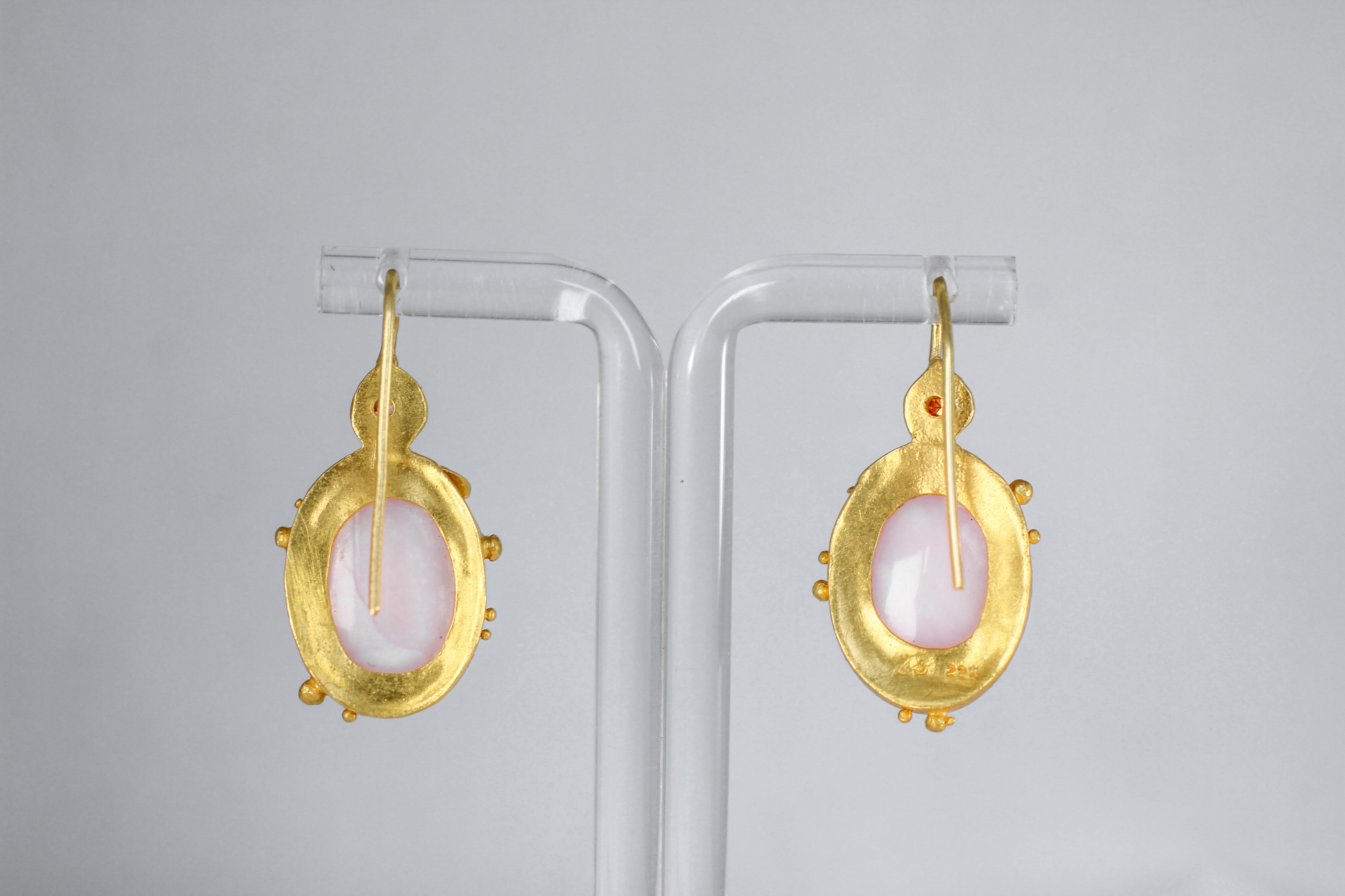 Pink Opal Pink Sapphire 22 Karat Gold Handcrafted Drop Contemporary Earrings For Sale 1