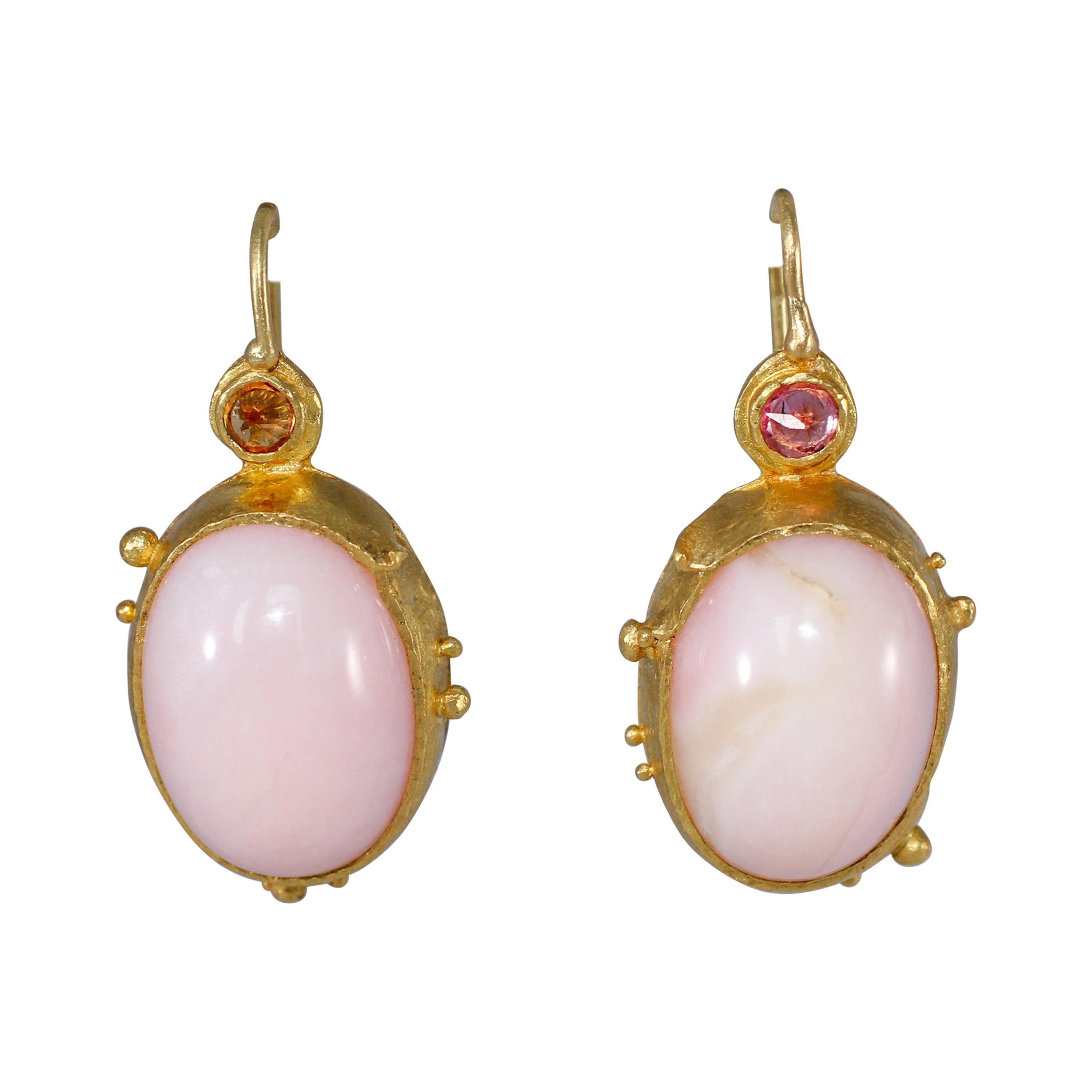 Pink Opal Pink Sapphire 22 Karat Gold Handcrafted Drop Contemporary Earrings