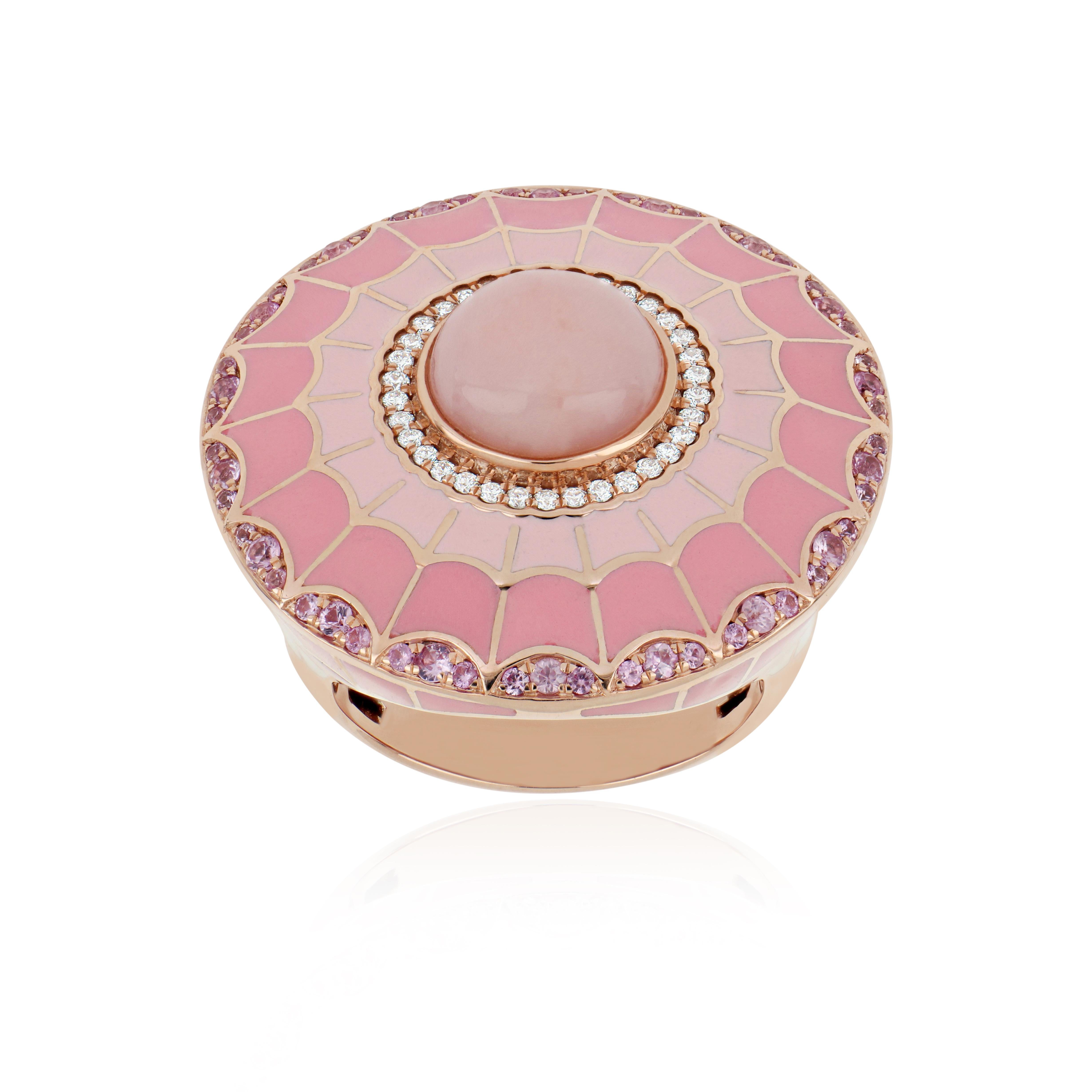 Elegant and Exquisitely detailed 14 karat Roes Gold Ring, with 3.10Cts (approx.) Round Shape Pink Opal set in centre and Surrounded by Enamel, and Micro pave Diamonds, weighing approx. 0.19 CT's. (approx.) total carat weight and contrasting pink