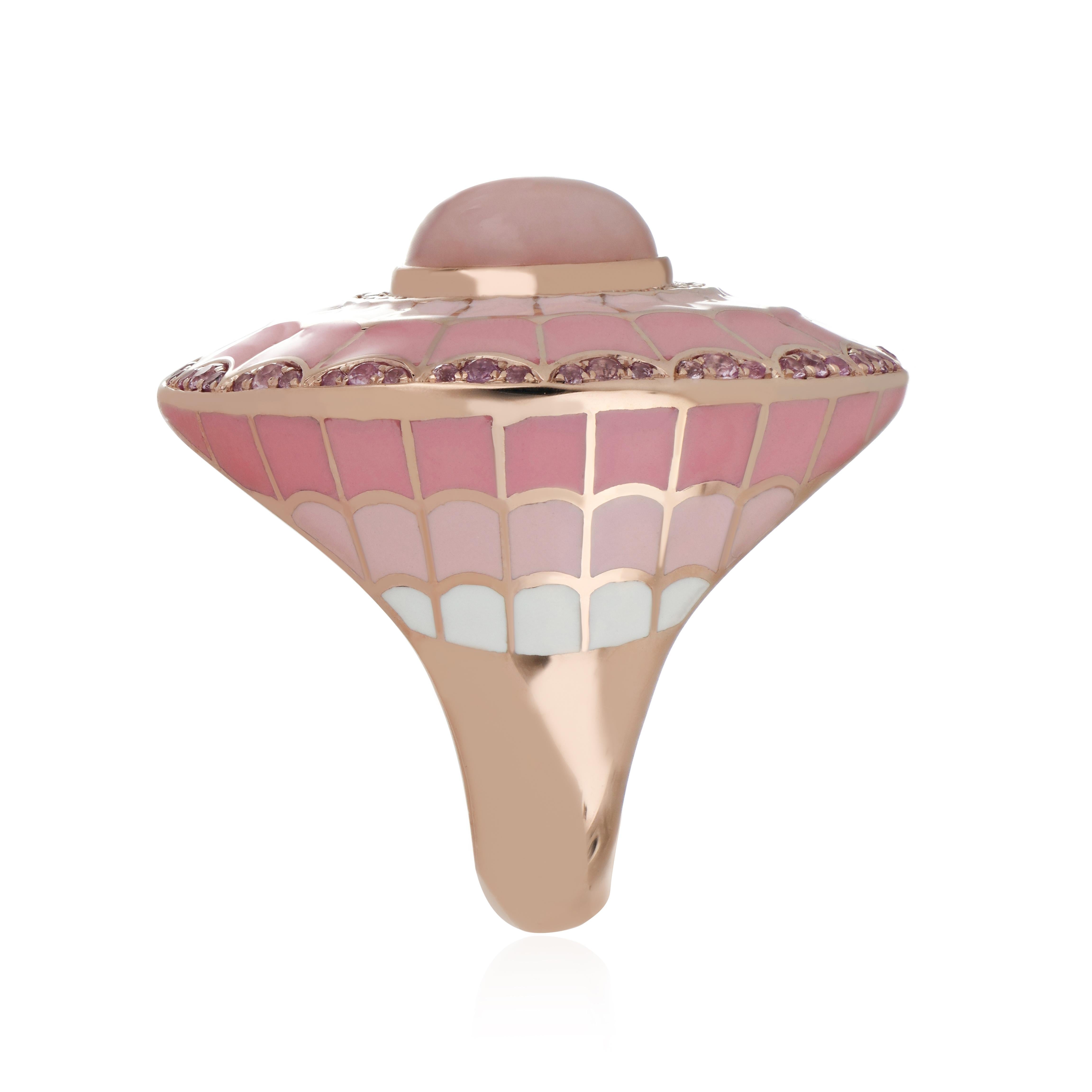 Round Cut Pink Opal, Pink Sapphire & Diamond Handmade Ring with Enamel in 14k Rose Gold For Sale