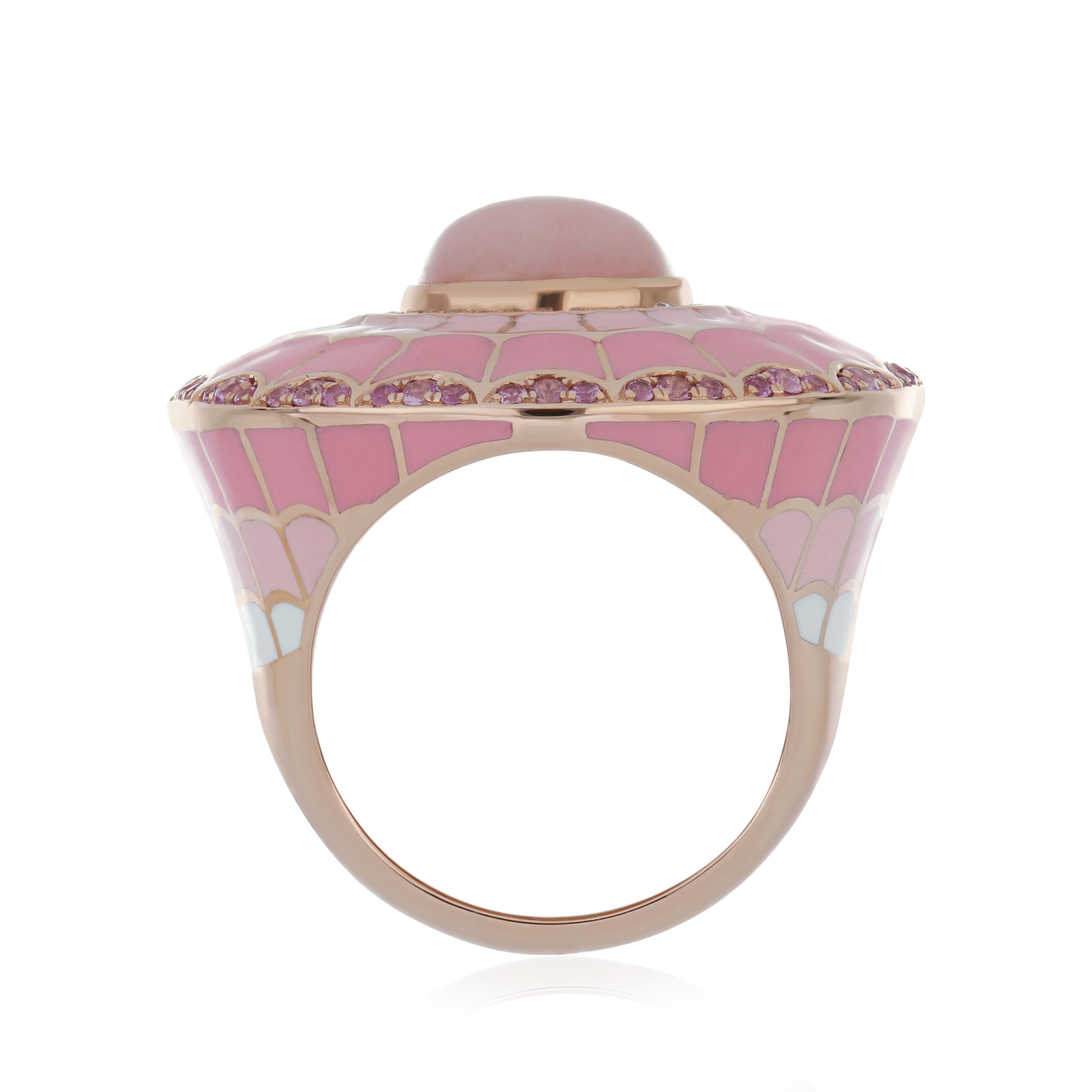 Pink Opal, Pink Sapphire & Diamond Handmade Ring with Enamel in 14k Rose Gold In New Condition For Sale In JAIPUR, IN