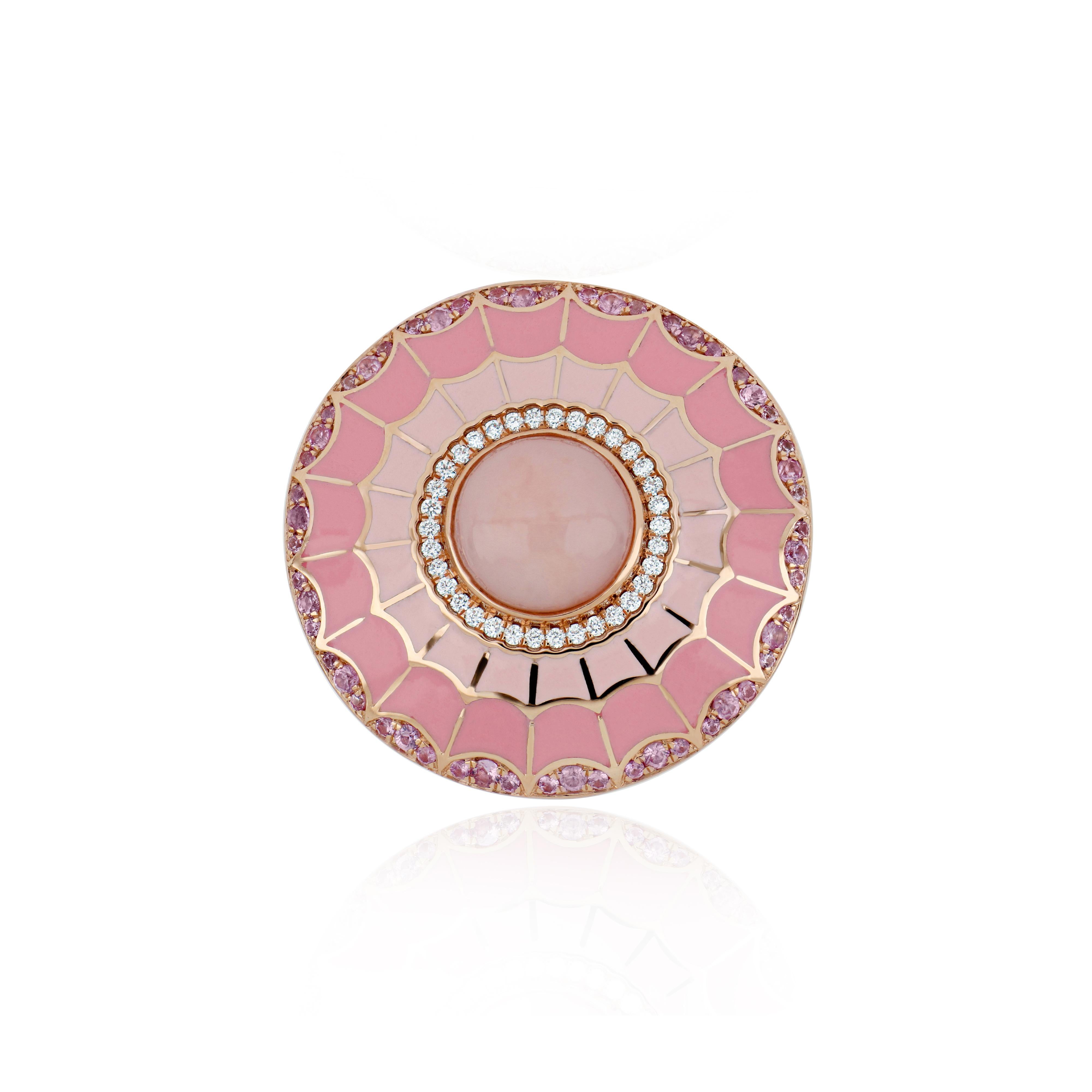 Pink Opal, Pink Sapphire & Diamond Handmade Ring with Enamel in 14k Rose Gold For Sale 1