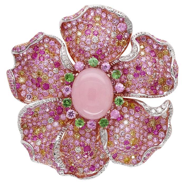 Opale rosa Zaffiro rosa Pave e diamante bianco Anello in oro rosa 18 carati con design floreale in vendita