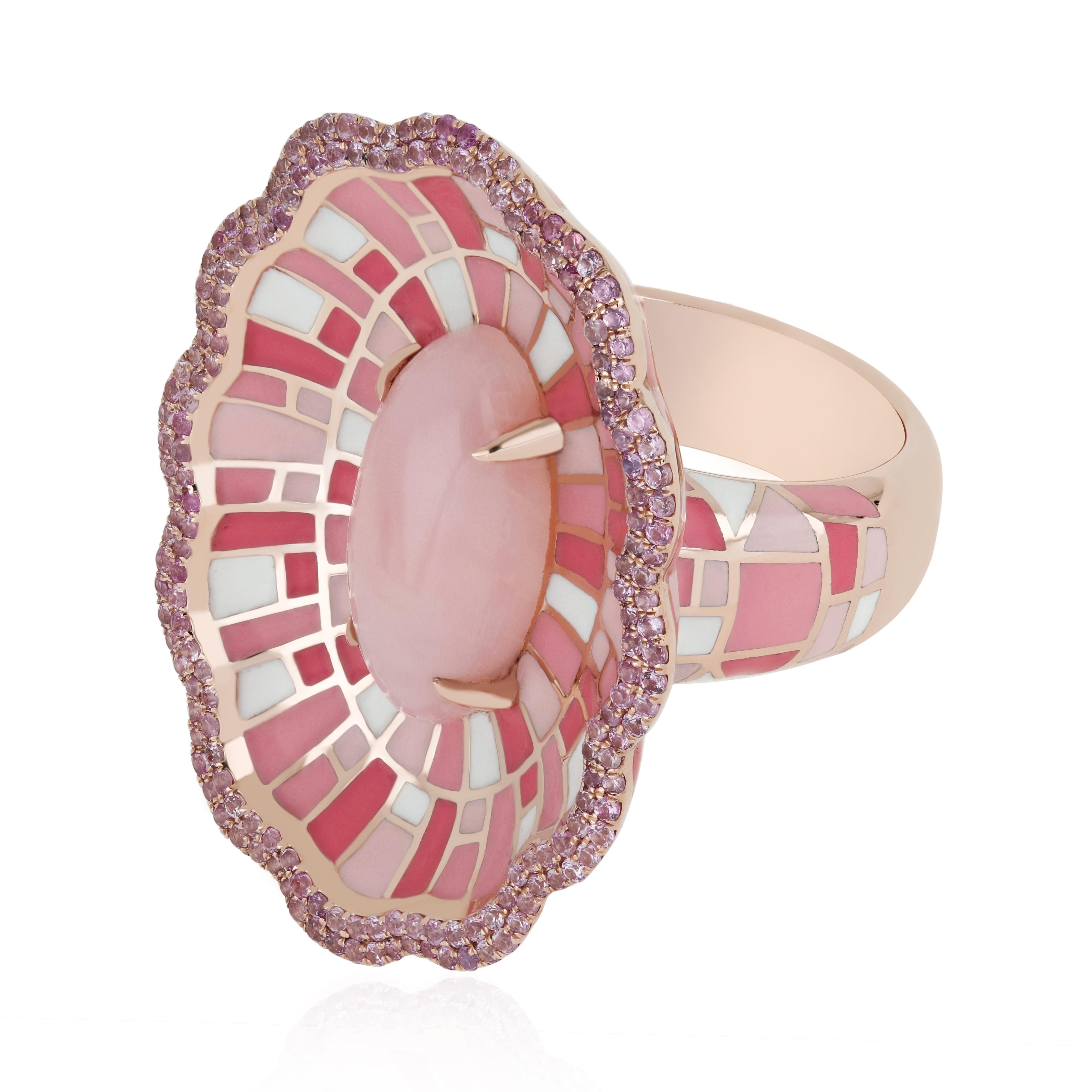 Mixed Cut Pink Opal & Pink Sapphire Studded Ring with Enamel in 14k Rose Gold For Sale