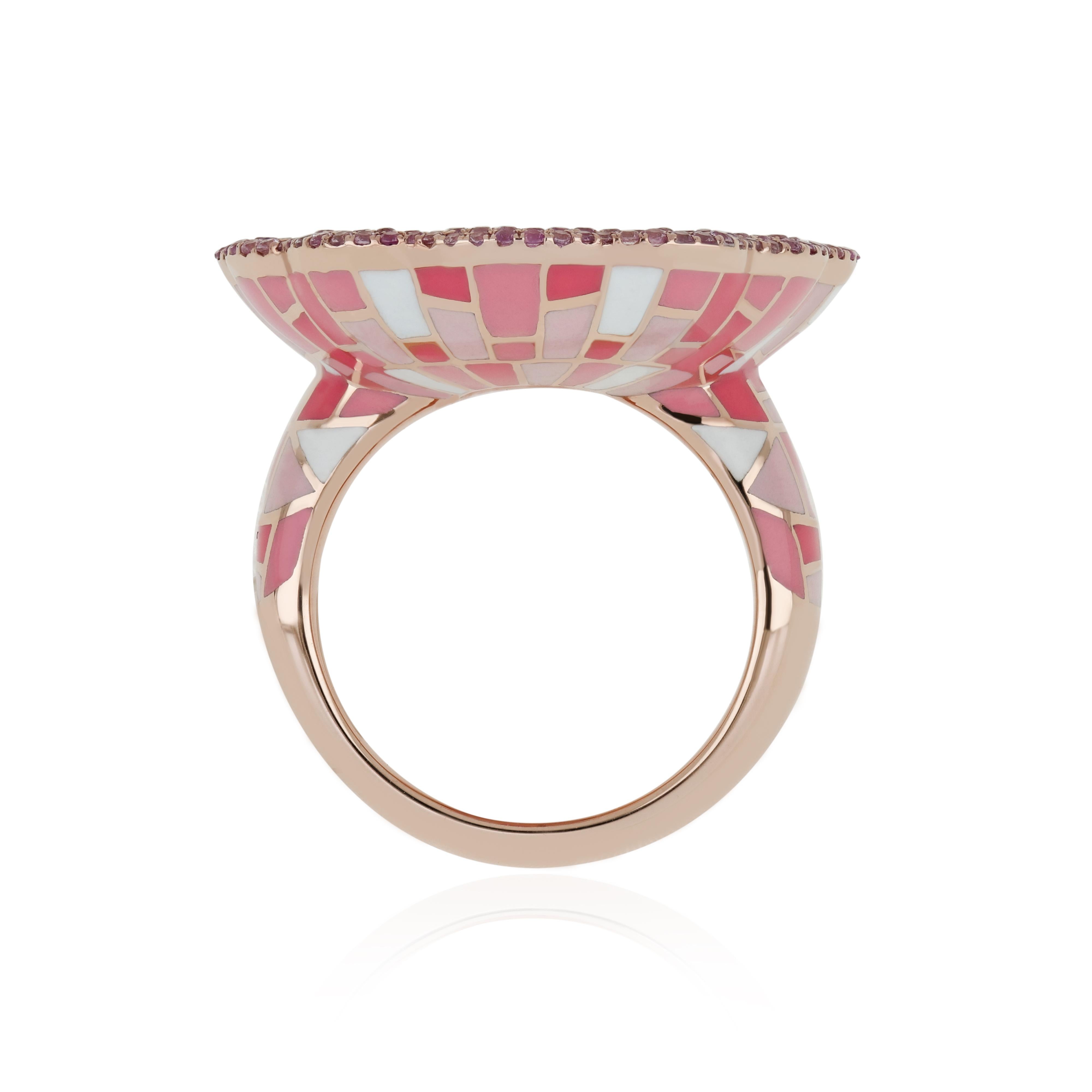 Women's Pink Opal & Pink Sapphire Studded Ring with Enamel in 14k Rose Gold For Sale