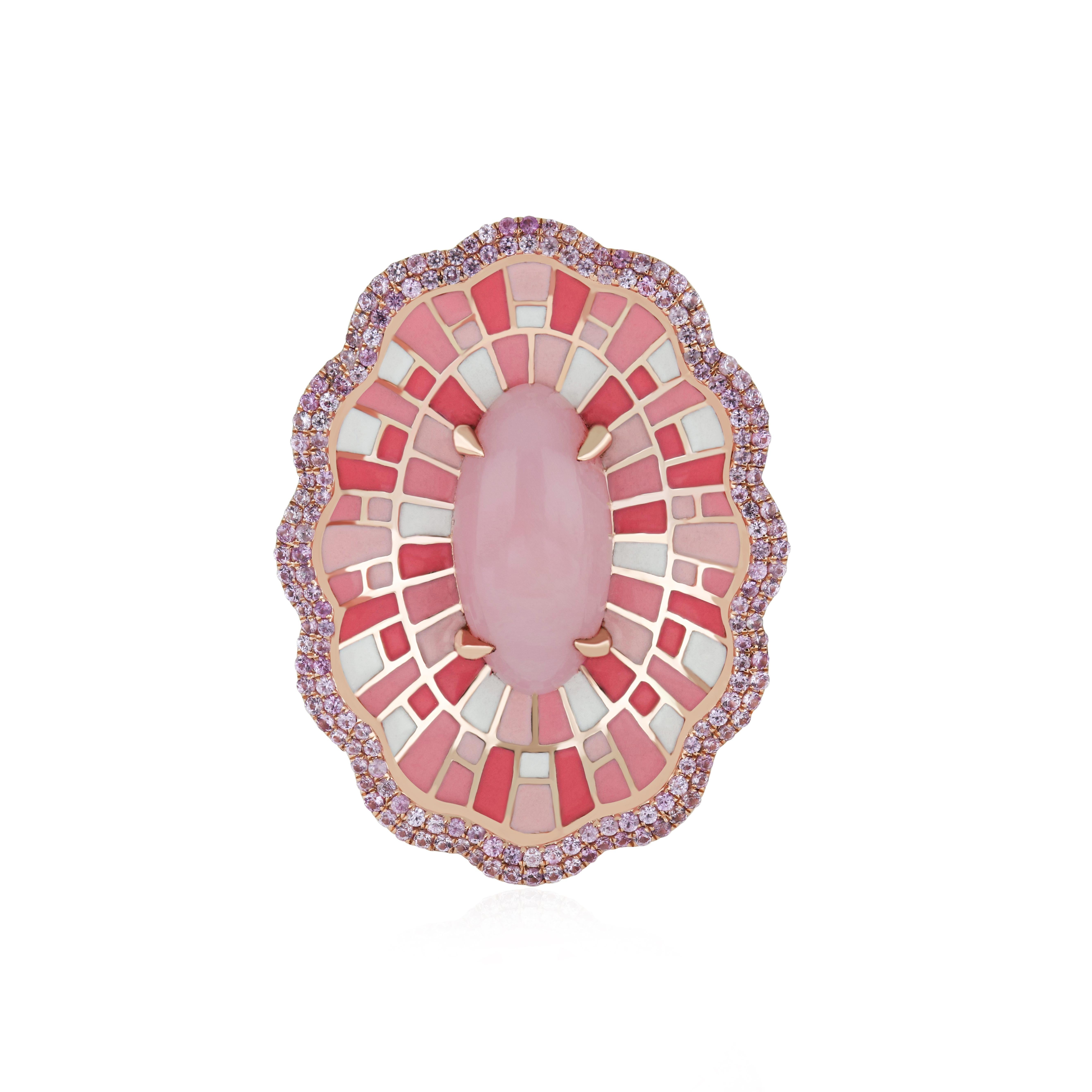 Pink Opal & Pink Sapphire Studded Ring with Enamel in 14k Rose Gold For Sale 1