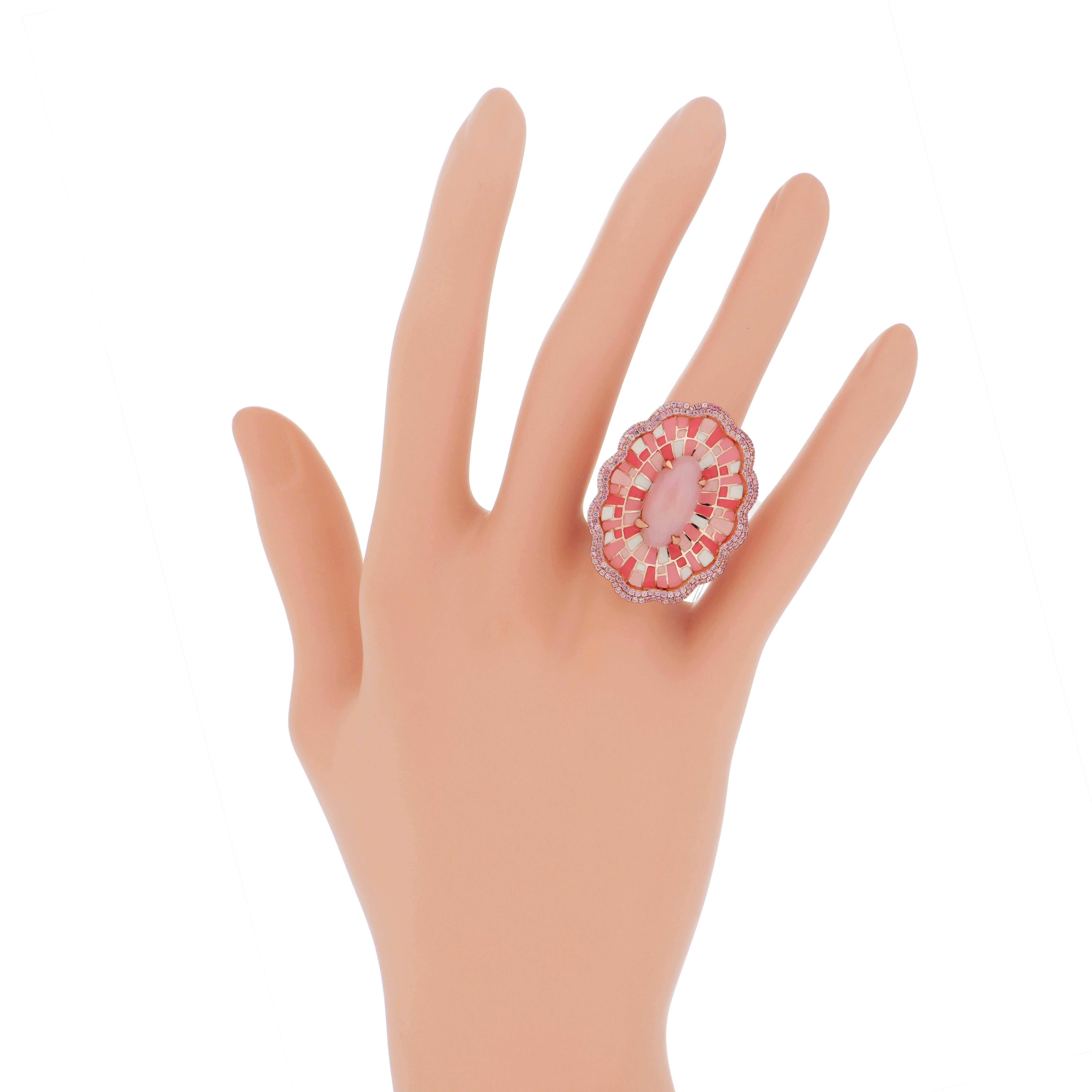 Pink Opal & Pink Sapphire Studded Ring with Enamel in 14k Rose Gold For Sale 2
