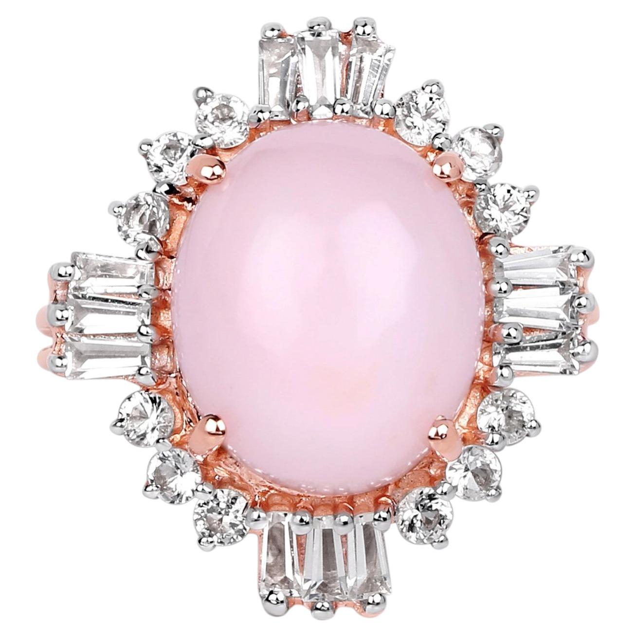 Pink Opal Ring With White Topaz 6.36 Carats Gold Plated Silver