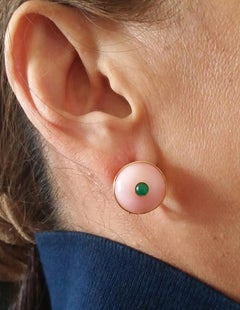 Pink Opal Round Cab Emerald Round Cab 14 Karat Gold Clip-On Earrings