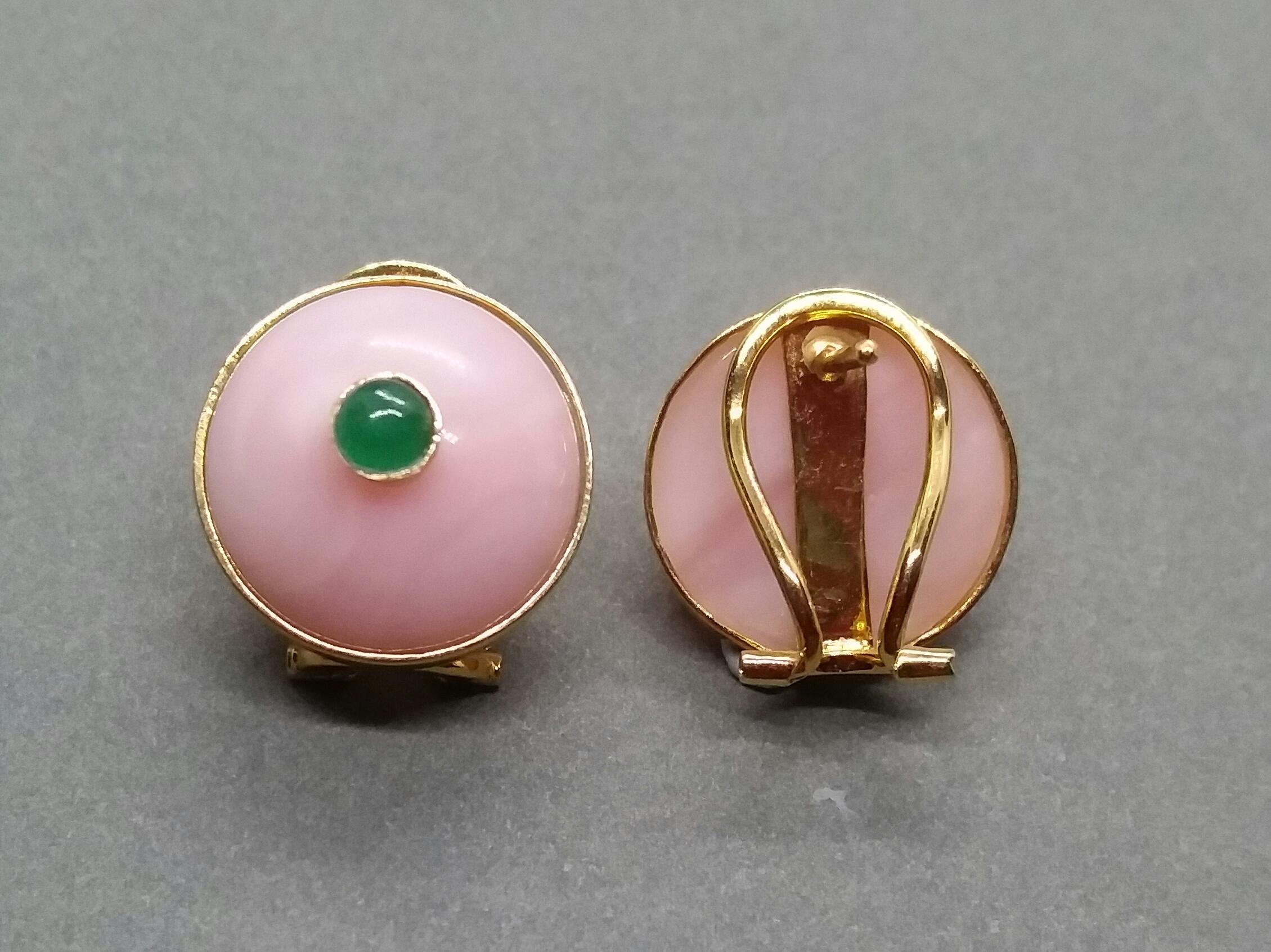 Round Cut Pink Opal Round Cab Emerald Round Cab 14 Karat Gold Clip-On Earrings For Sale