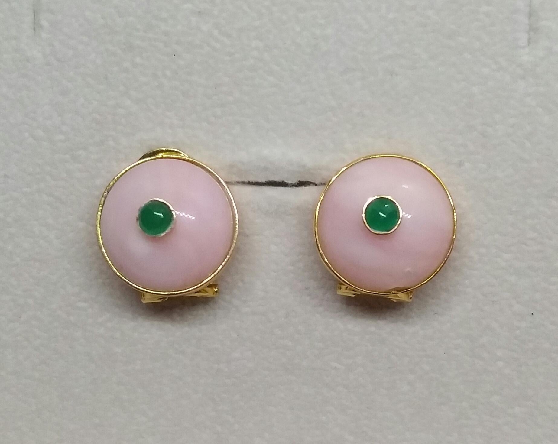 Pink Opal Round Cab Emerald Round Cab 14 Karat Gold Clip-On Earrings For Sale 1