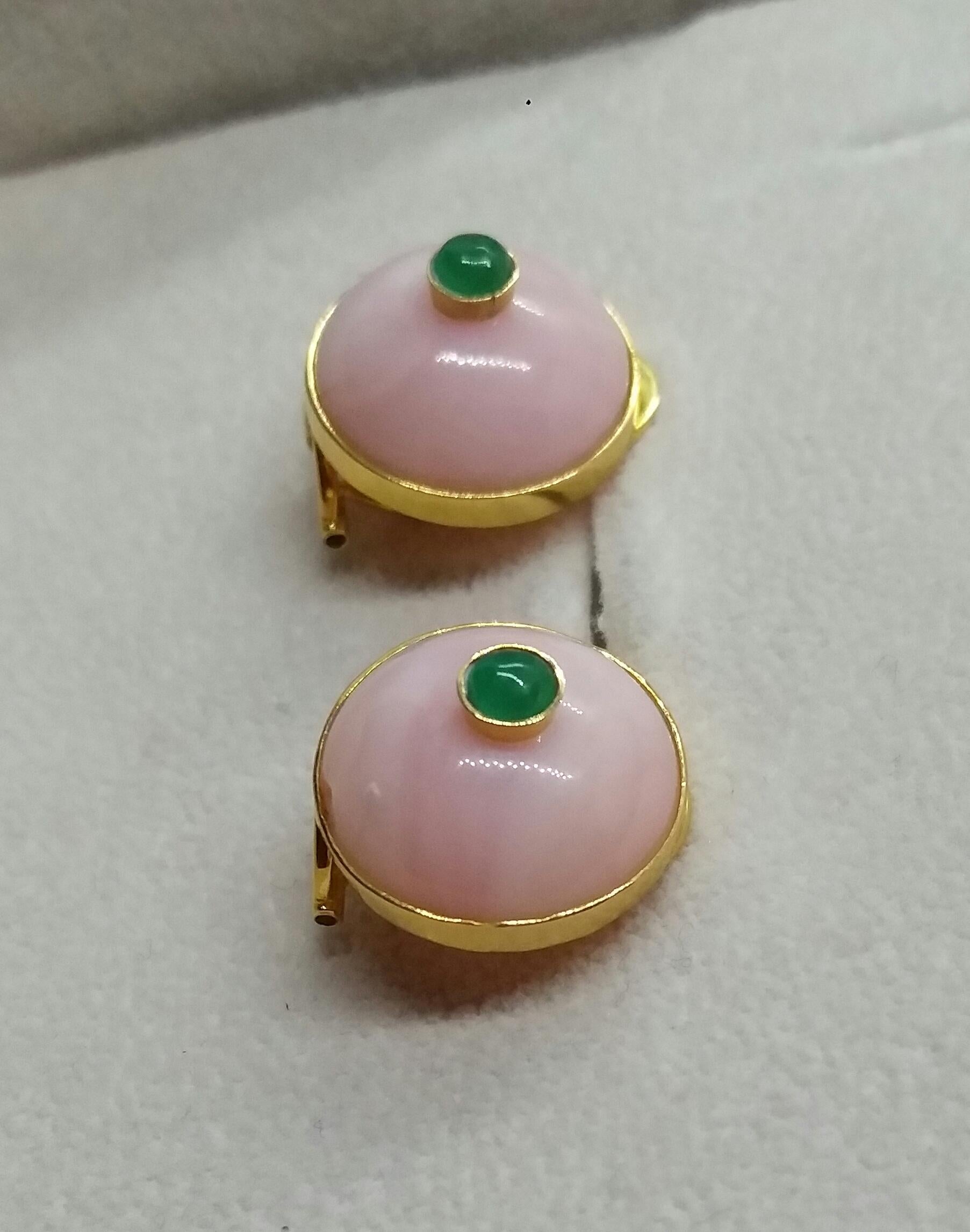 Pink Opal Round Cab Emerald Round Cab 14 Karat Gold Clip-On Earrings For Sale 2