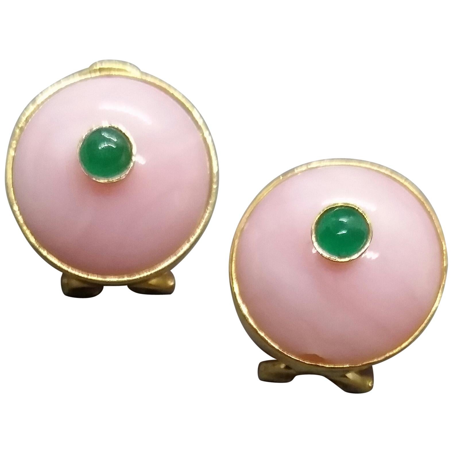 Pink Opal Round Cab Emerald Round Cab 14 Karat Gold Clip-On Earrings