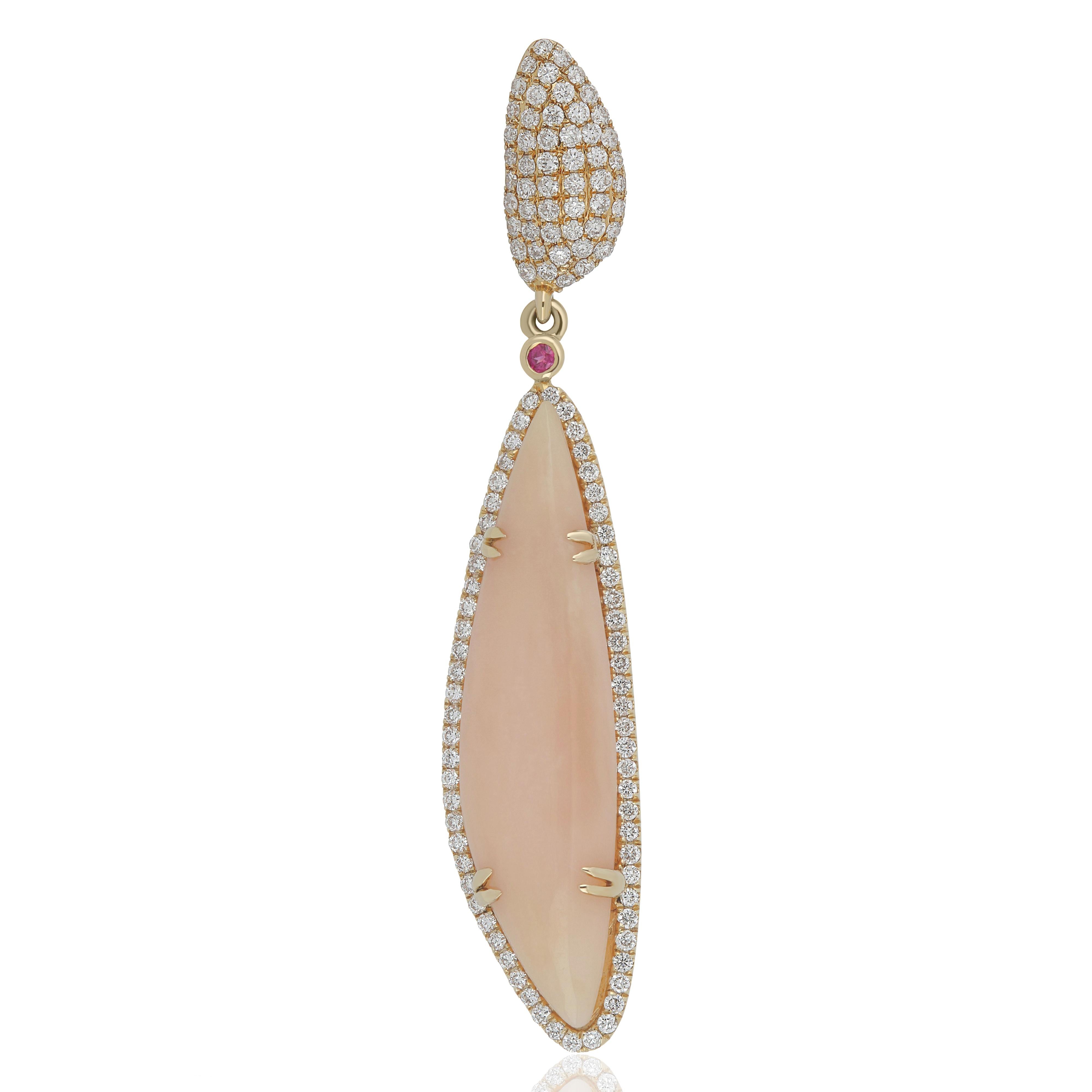 Elegant and exquisitely detailed 14 Karat Yellow Gold Pendant , center set with 3.95 Cts .Cab Fancy Shape Pink Opal, and 0.02 Cts of Round Cut Ruby accented with and micro pave set Diamonds, weighing approx. 0.456 Cts Beautifully Hand crafted in 14