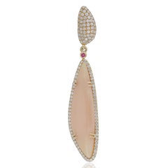 Pink Opal, Ruby and Diamond Studded Pendant in 14 Karat Yellow Gold