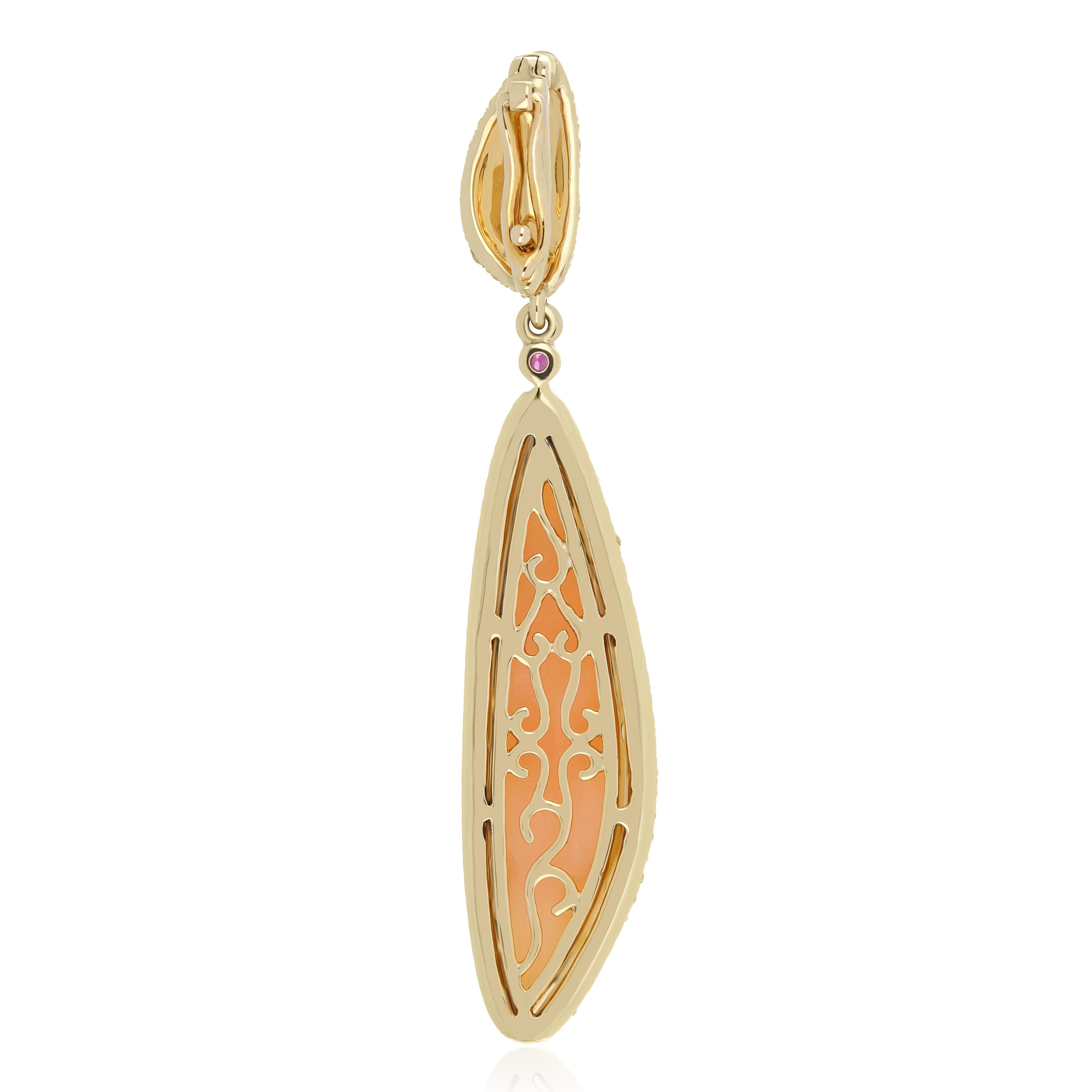 Round Cut Pink Opal, Ruby and Diamond Studded Pendant in 14 Karat Yellow Gold For Sale
