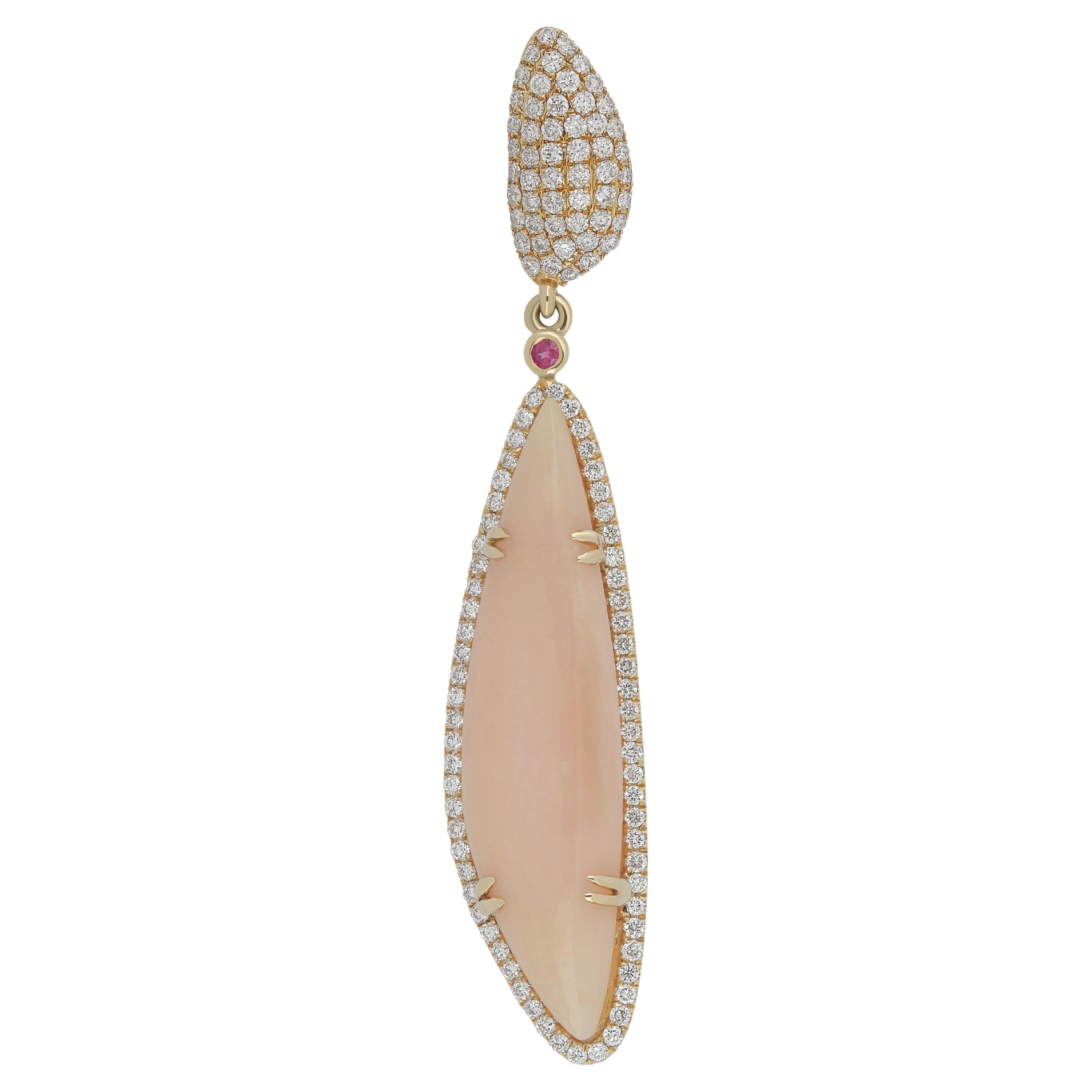 Pink Opal, Ruby and Diamond Studded Pendant in 14 Karat Yellow Gold For Sale