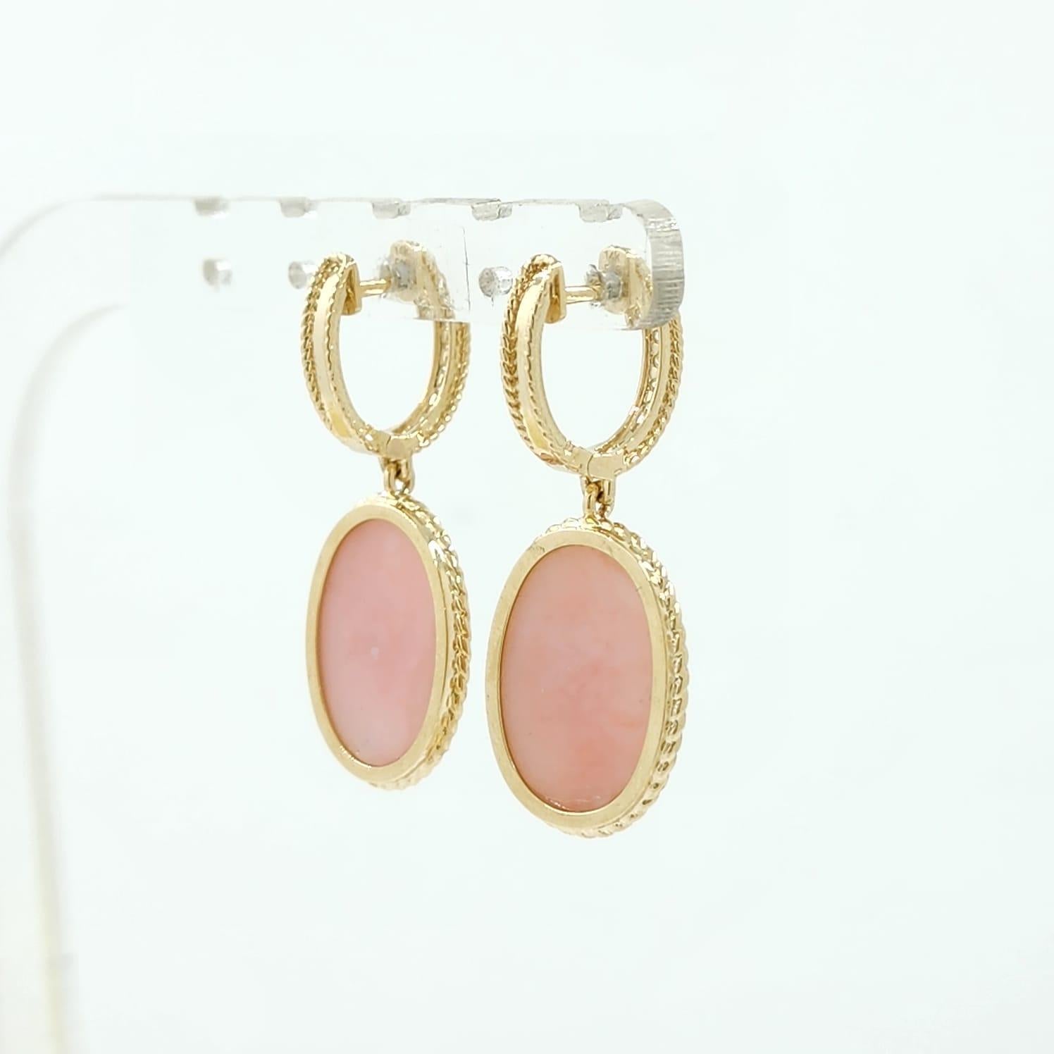 Retro Pink Opal Ruby Dangle Earring in 14 Karat Yellow Gold