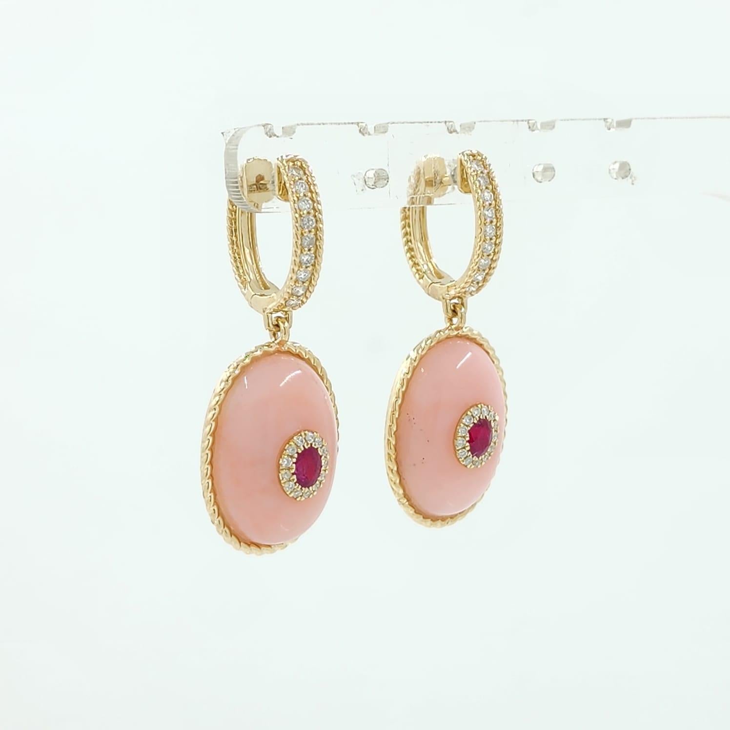 Cabochon Pink Opal Ruby Dangle Earring in 14 Karat Yellow Gold