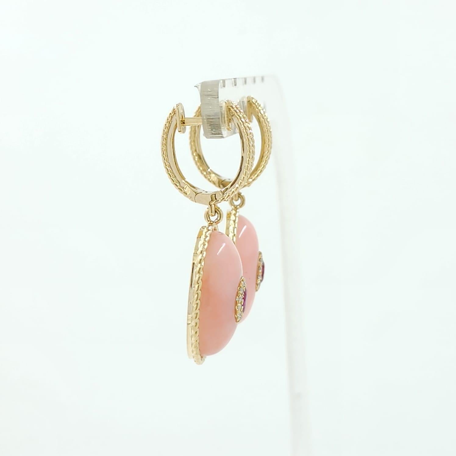 Pink Opal Ruby Dangle Earring in 14 Karat Yellow Gold In New Condition In Hong Kong, HK